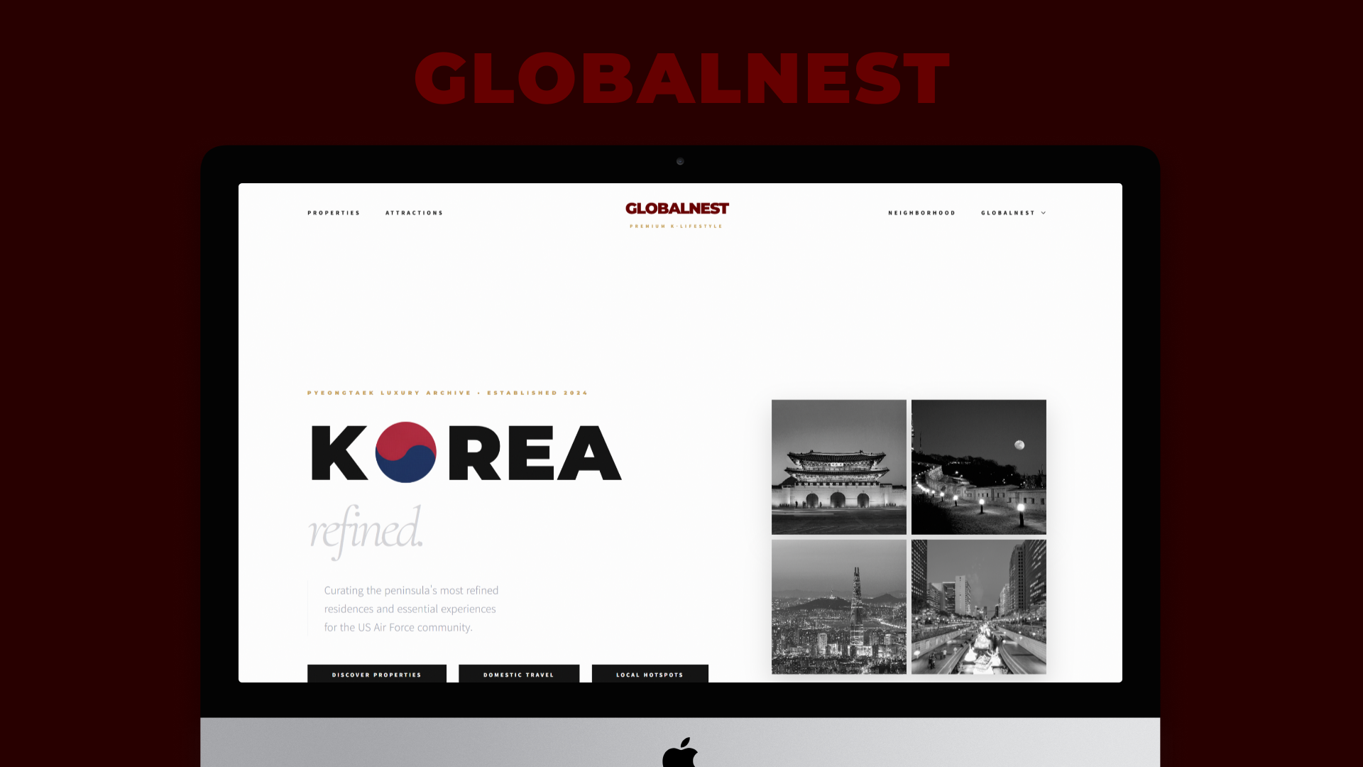 2.png 글로벌네스트 메인 화면 기획으로 현대 건축물과 한국 전통의 세련된 라이프스타일 비주얼