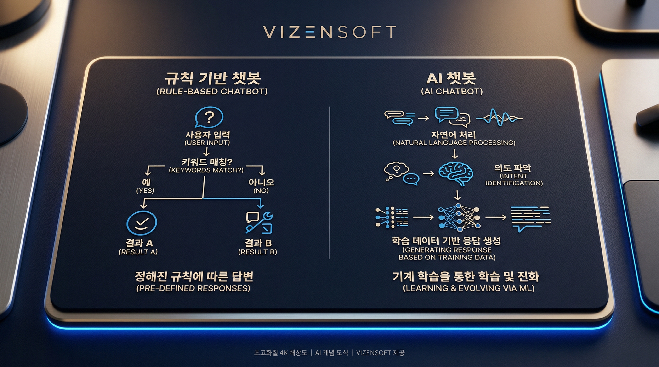 규칙 기반 챗봇과 AI 챗봇의 기술 구조 및 차이점 비교 도표