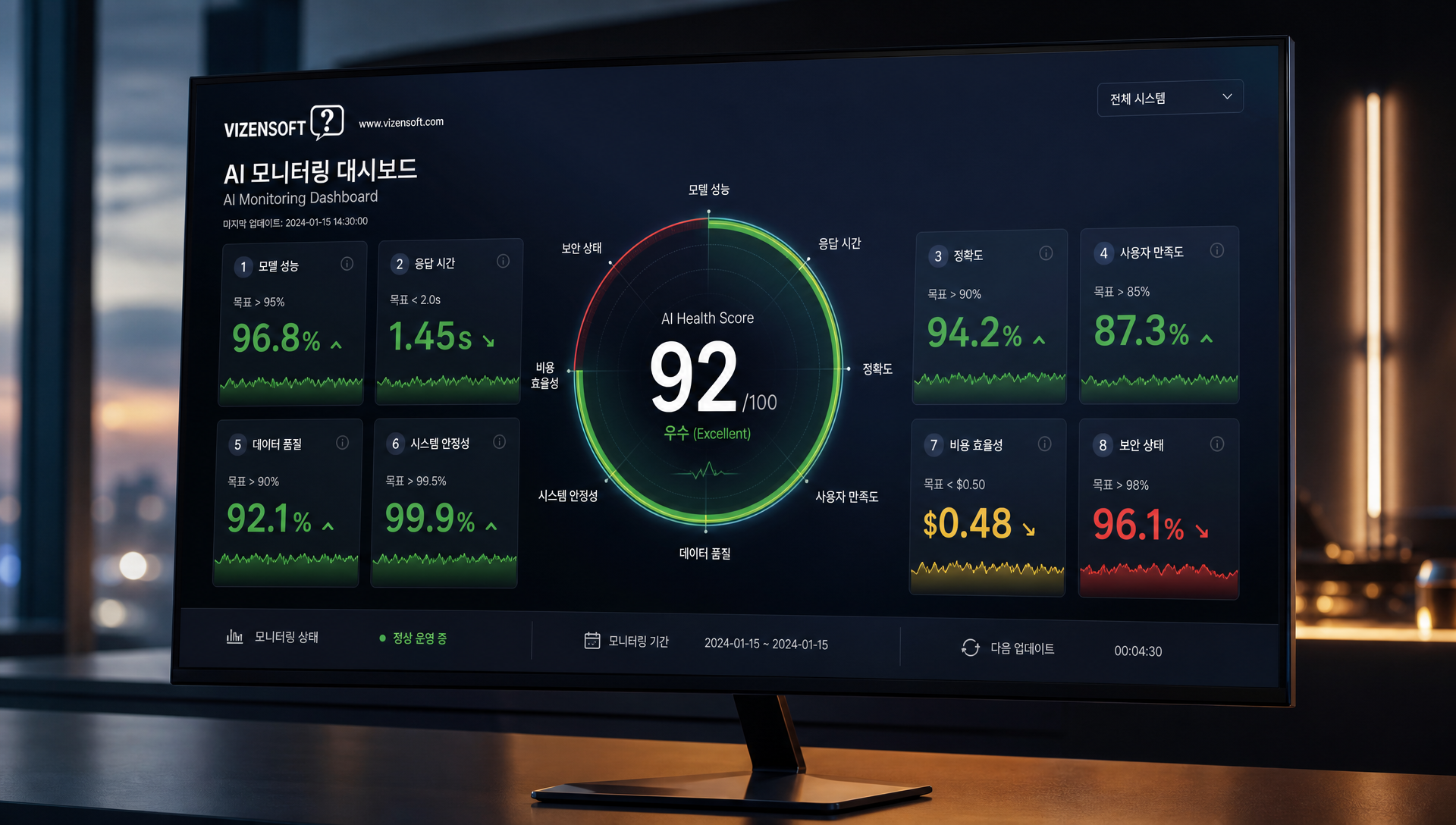 캐시 Hit Rate, 도구 호출 성공률, 사용자 만족도 지표를 표시한 모니터링 대시보드