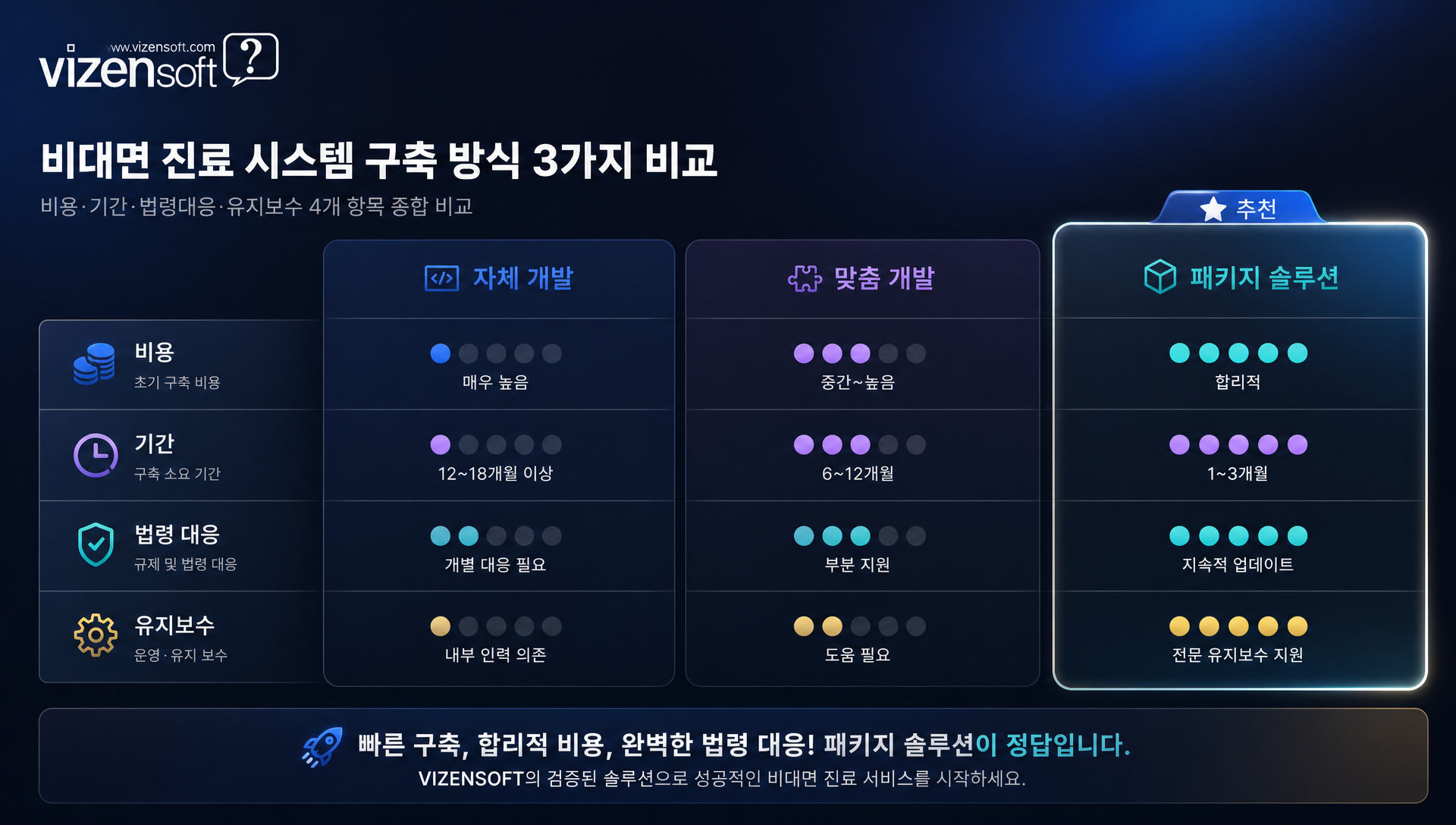 자체개발·맞춤형·패키지솔루션 비대면진료 구축 방식 비교표