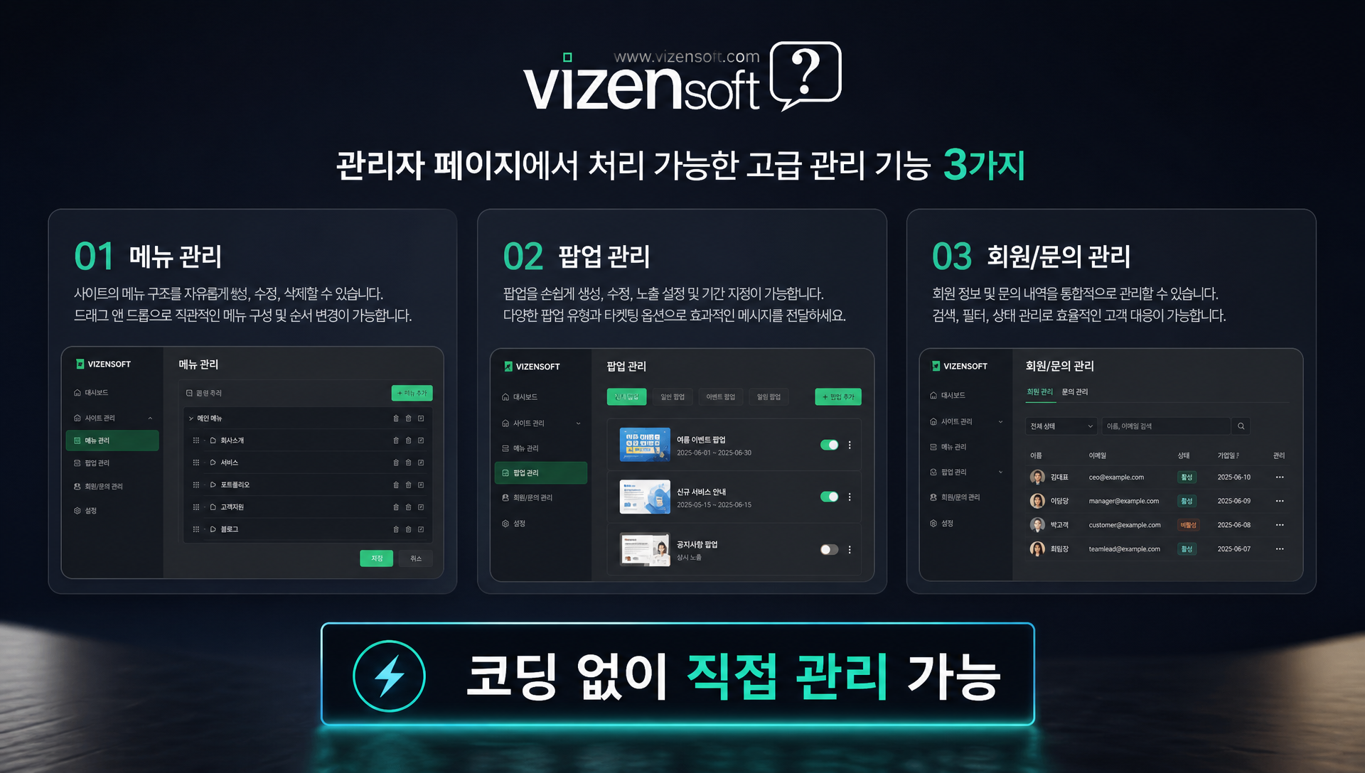 메뉴 구조, 팝업, 회원 데이터를 관리하는 관리자 페이지 기능들