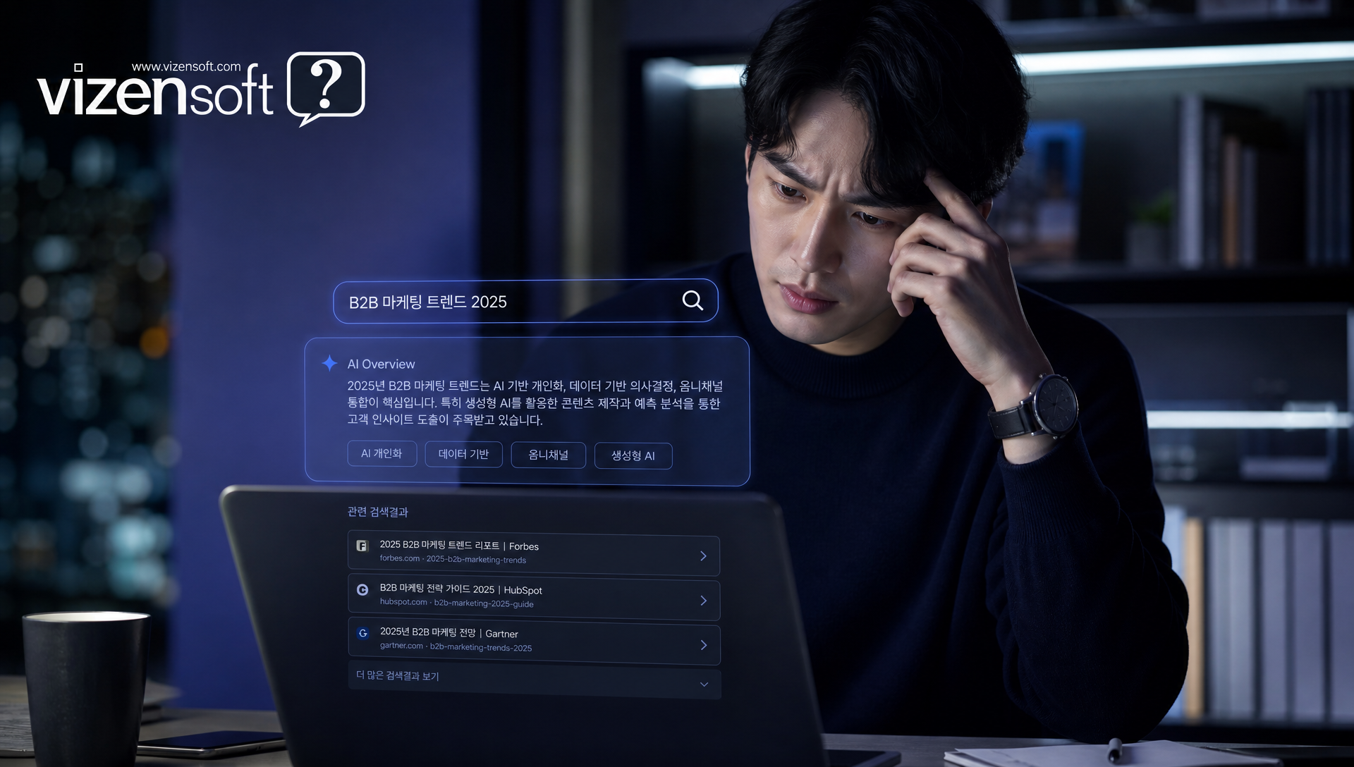 AI 검색 시대 SEO 트래픽 감소를 보여주는 그래프와 챗GPT 퍼플렉시티 등 AI 검색 도구 로고