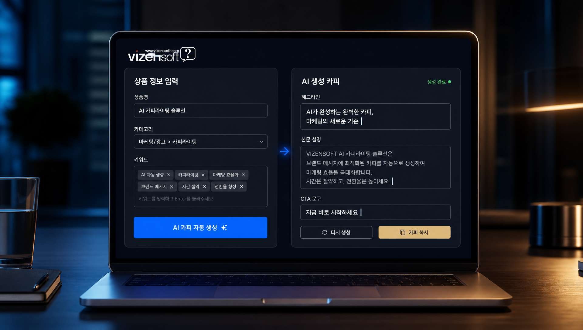 AI 카피 자동생성으로 만들어진 상품 헤드라인, 설명, CTA 문구 예시