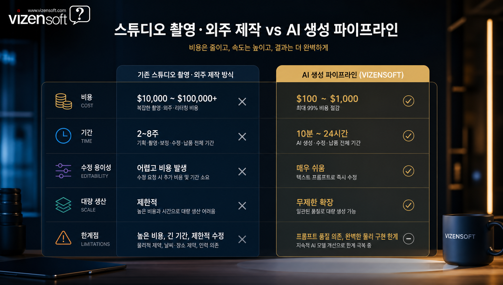 기존 스튜디오 촬영과 AI 파이프라인 비용 비교: 95~99% 절감 효과 차트