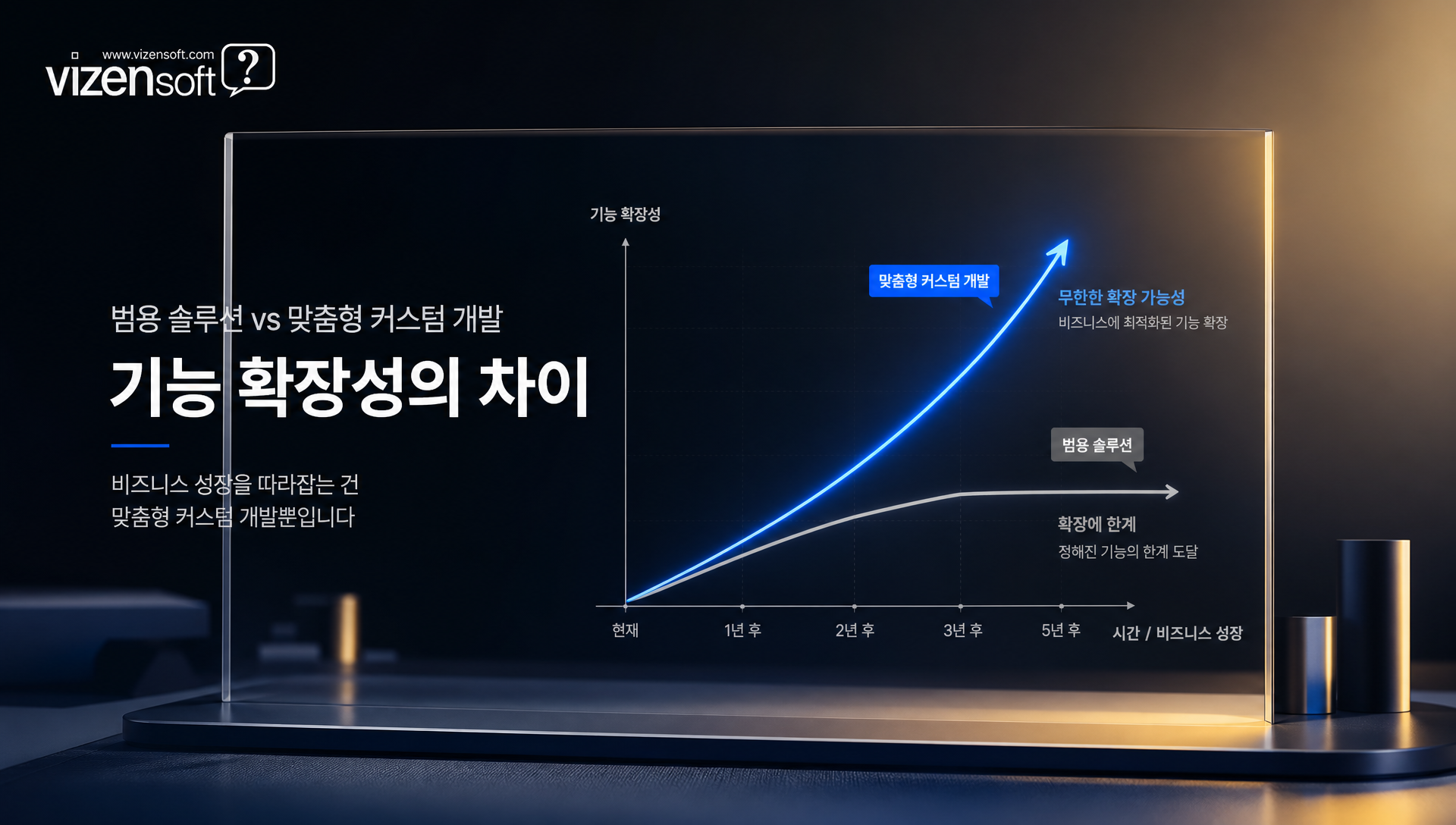 임대형 솔루션과 커스텀 개발의 기능 및 비용 비교표