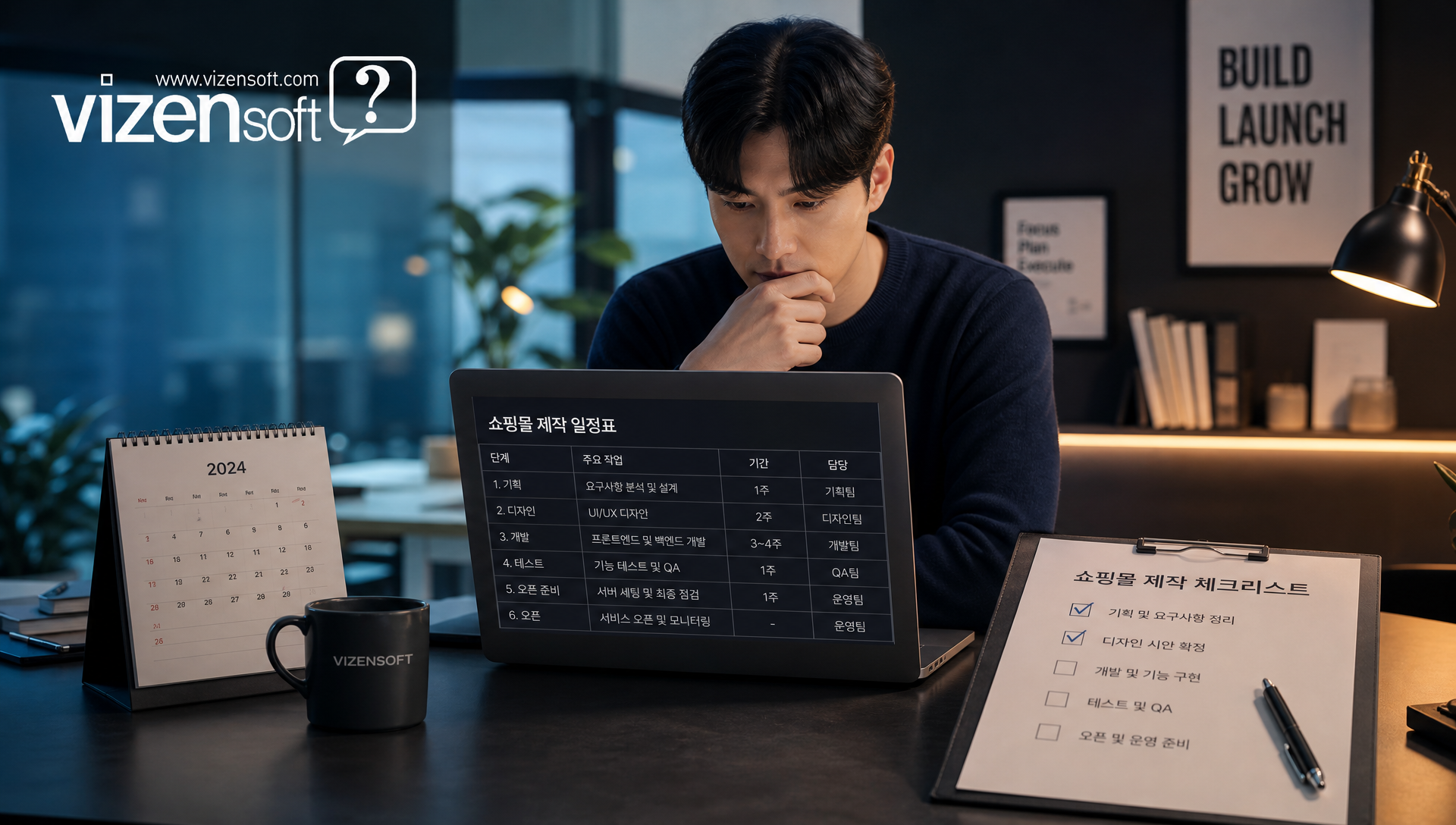 쇼핑몰 제작 절차 5단계를 보여주는 흐름도 및 프로세스 차트