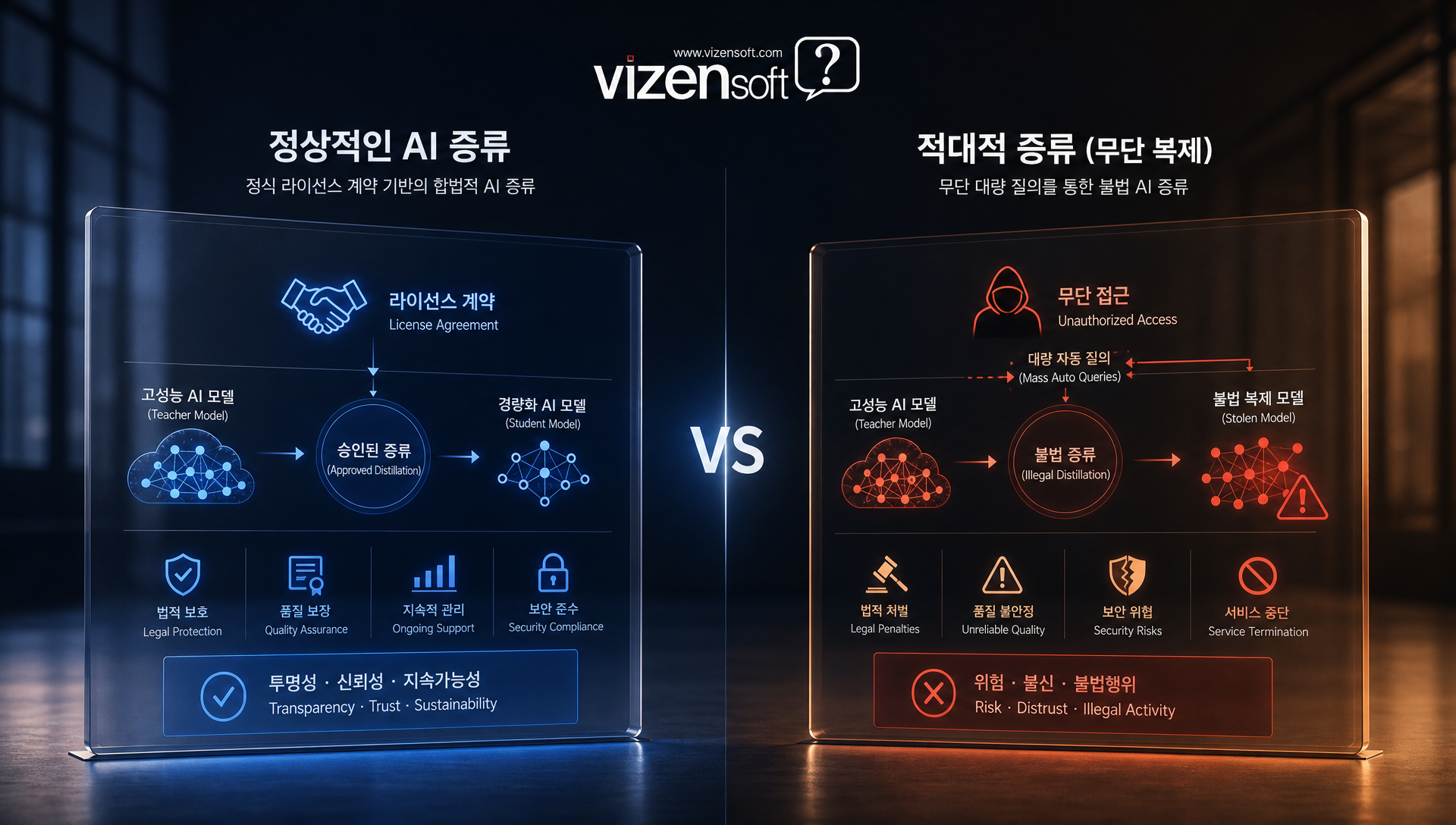 AI 증류와 적대적 증류 기술 개념을 설명하는 다이어그램
