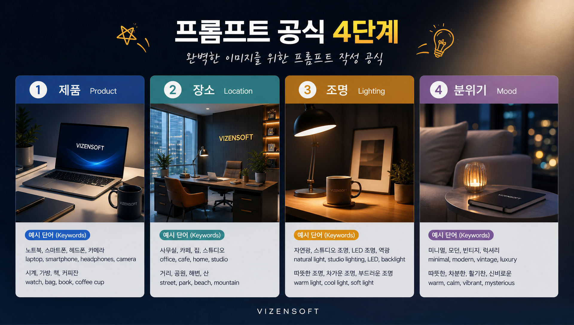 프롬프트 공식과 네 가지 요소 조합 예시 설명