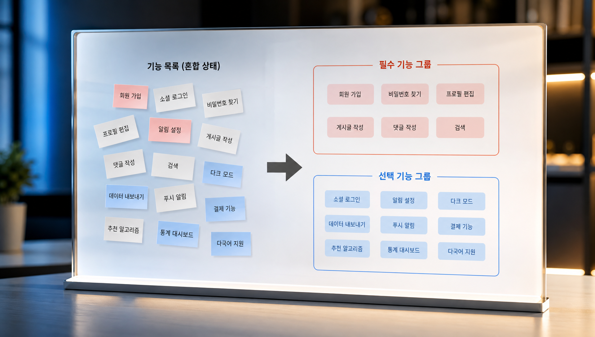필수 기능과 선택 기능을 구분하여 정리하는 방법 설명