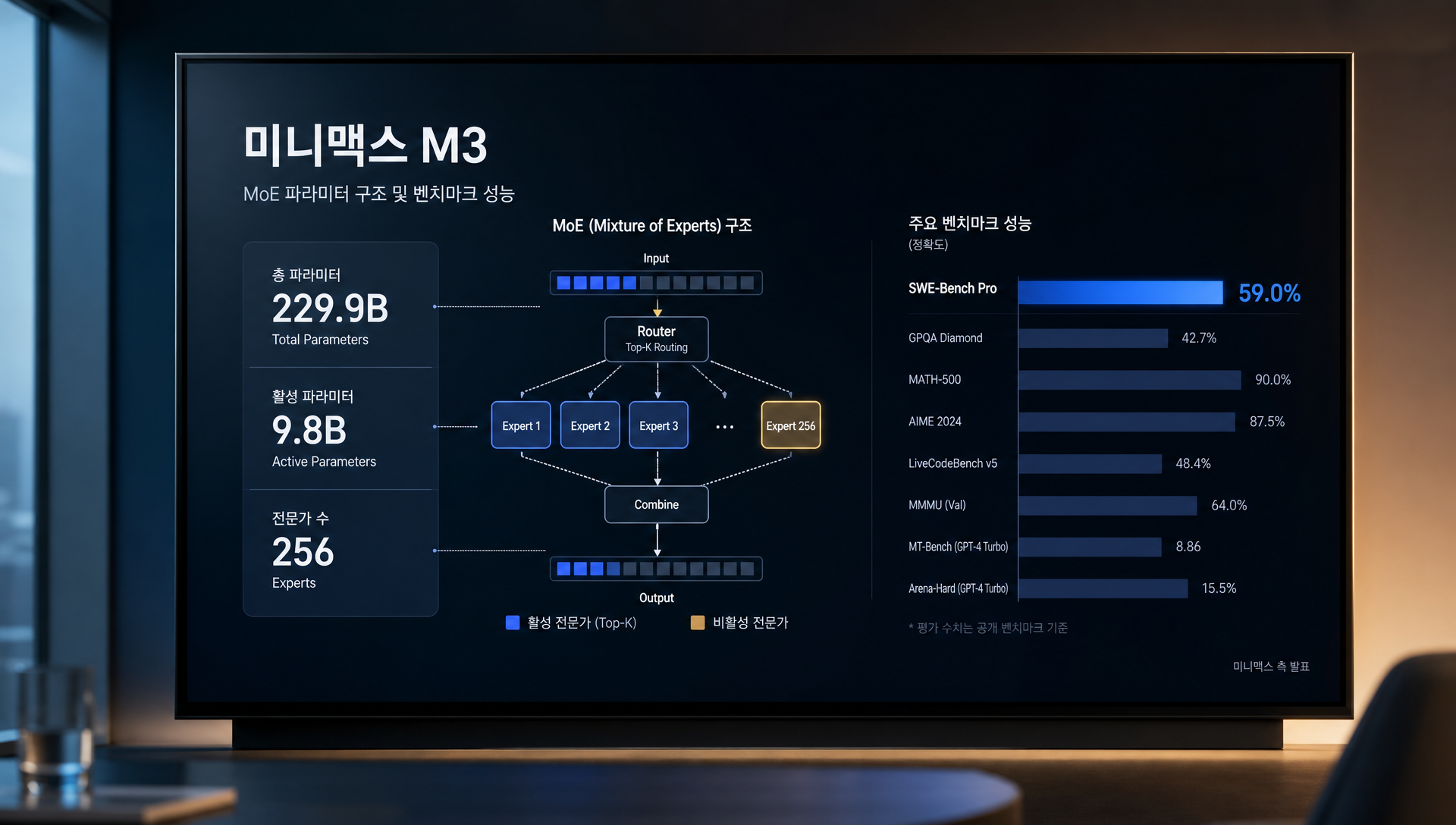 SWE-Bench Pro, Terminal Bench 등 M3 벤치마크 성과 비교 테이블