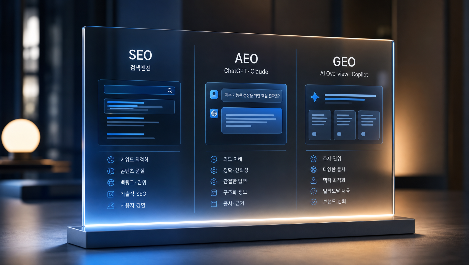SEO AEO GEO 세 영역의 검색 최적화 체계 비교 다이어그램