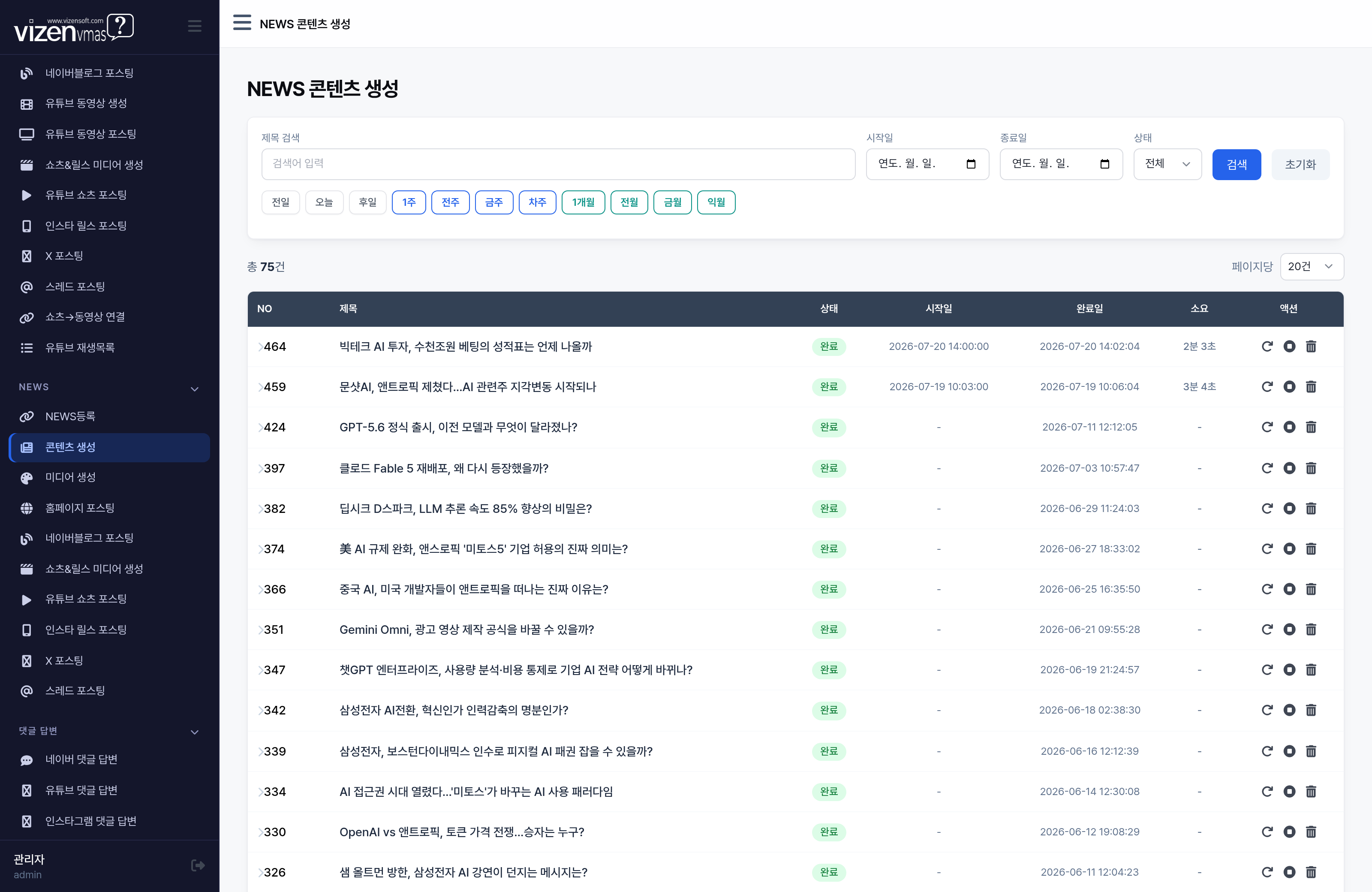 NEWS 콘텐츠 생성 목록에서 RSS 자동 큐레이션 또는 등록 URL을 분석해 기사를 자동 생성