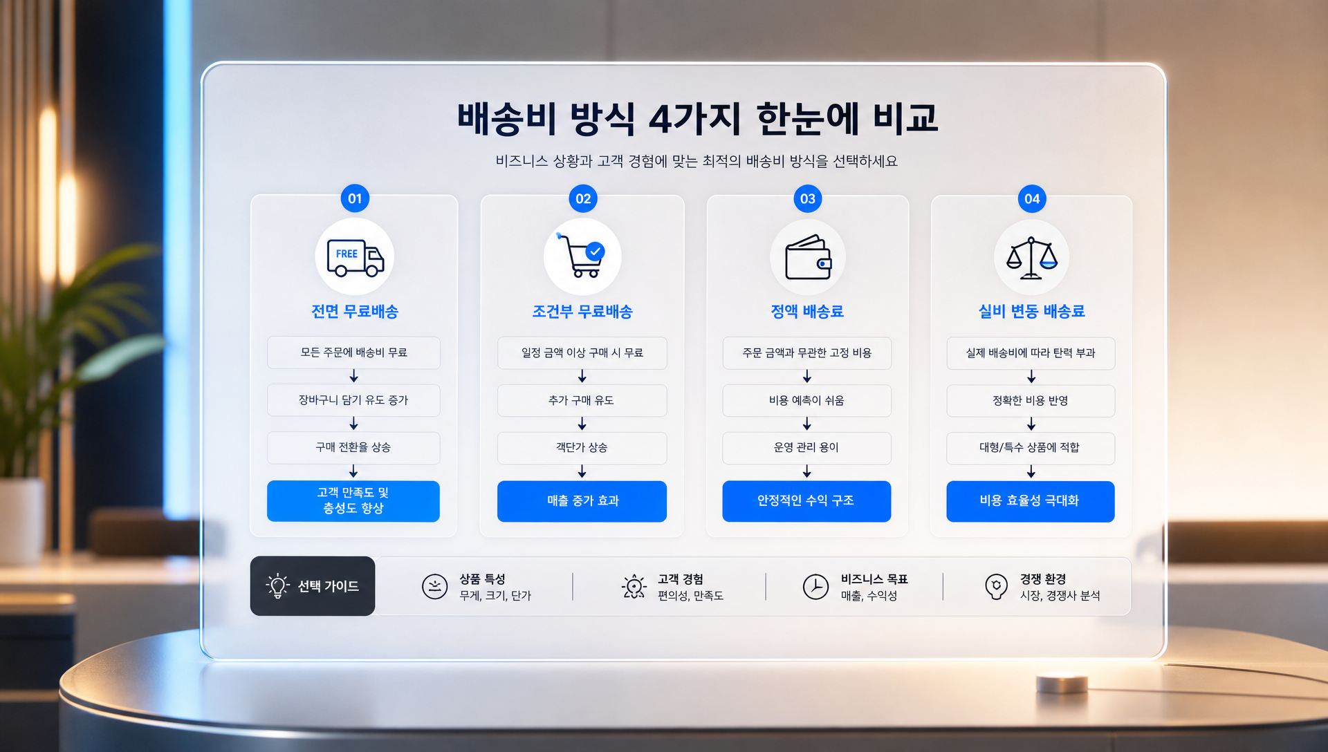 전면 무료배송, 조건부 무료배송, 정액 배송료, 실비 배송료 4가지 방식 비교표