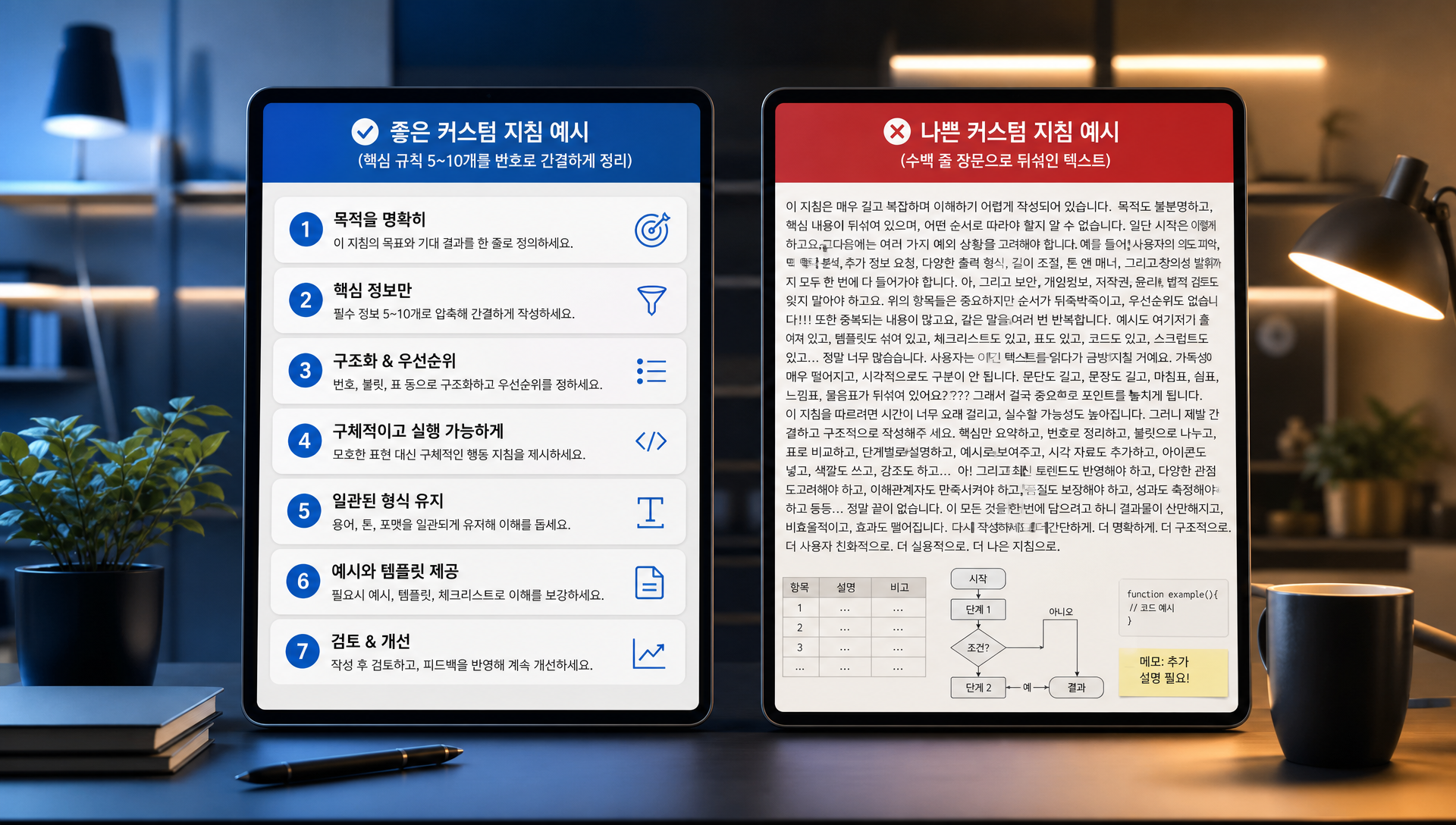 Step 2 커스텀 지침 작성 화면으로 핵심 규칙 5~10개를 번호 형식으로 정리하는 예시
