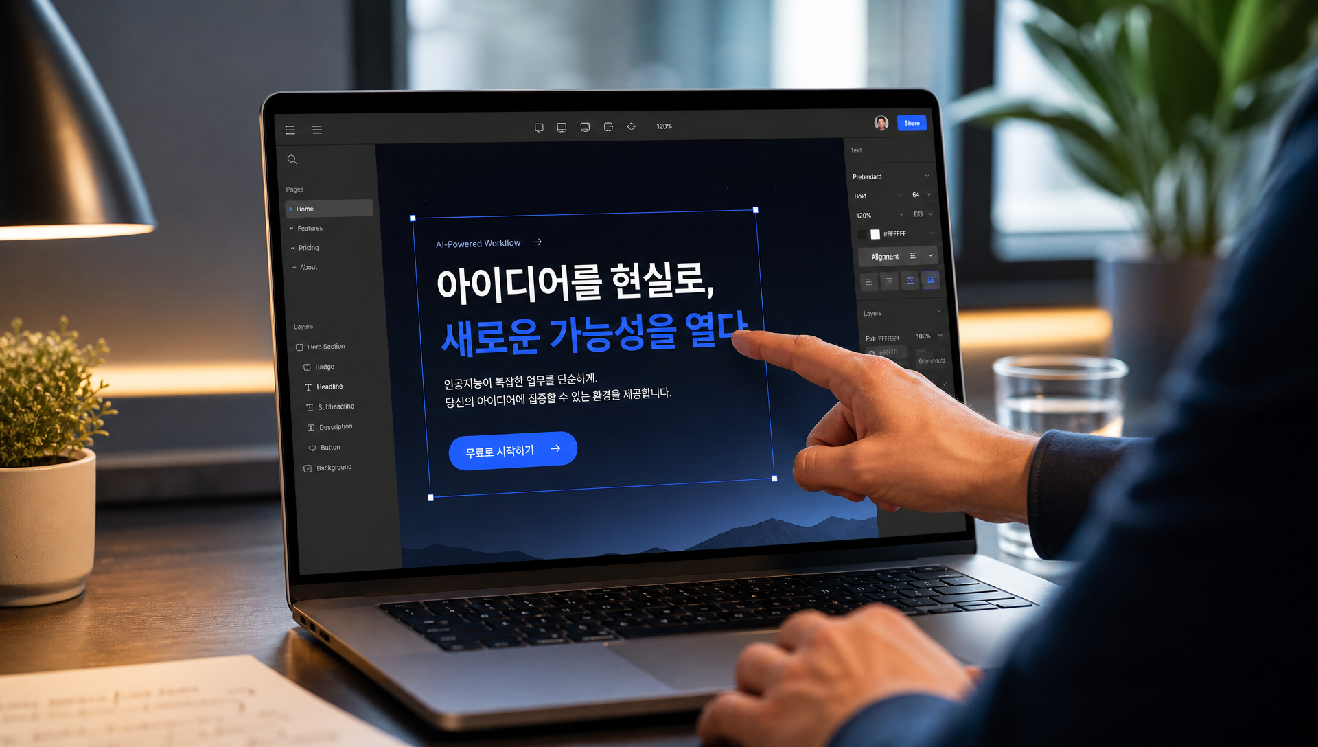 아티팩트로 제작한 랜딩페이지 웹 레이아웃과 인터랙티브 슬라이드 예시