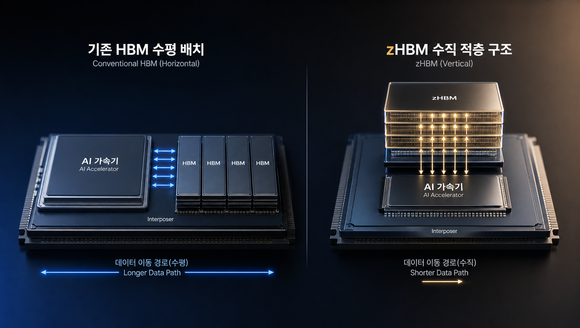 zHBM 수직 적층 구조와 기존 HBM 옆배치 방식의 물리적 거리 비교 다이어그램