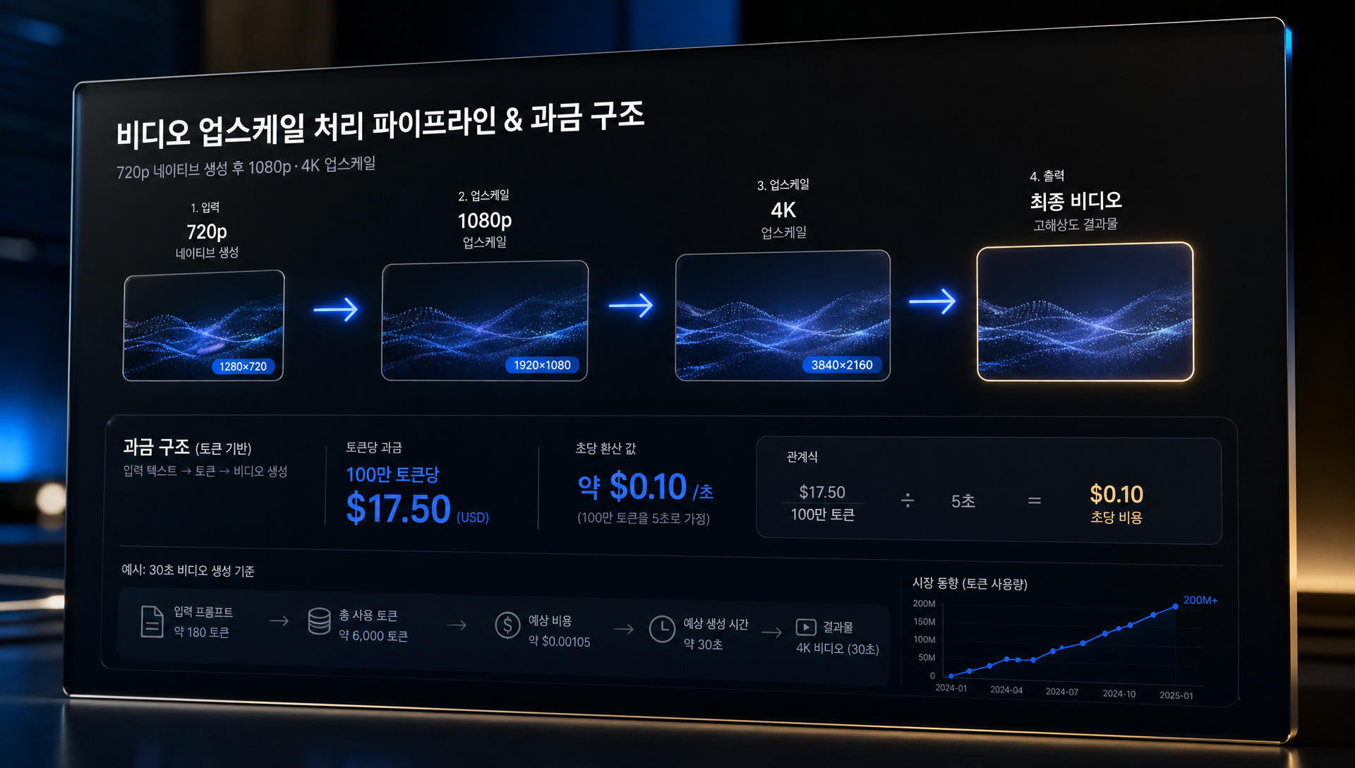 360p부터 4K까지 해상도별 생성 속도와 비용 비교 차트