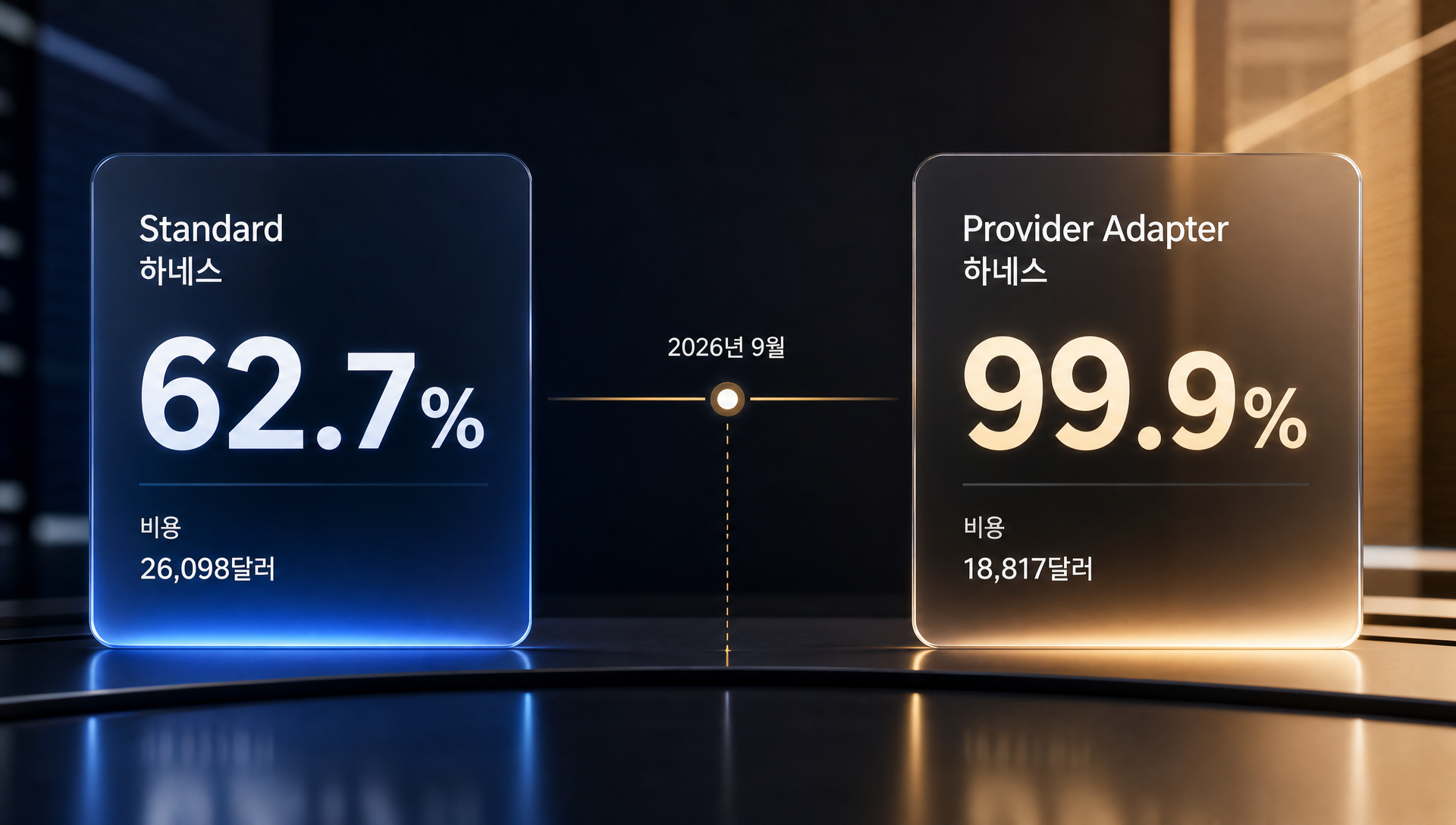 GPT-6 아스트라 벤치마크 점수 비교 차트, Standard 62.7% vs Provider Adapter 99.9%