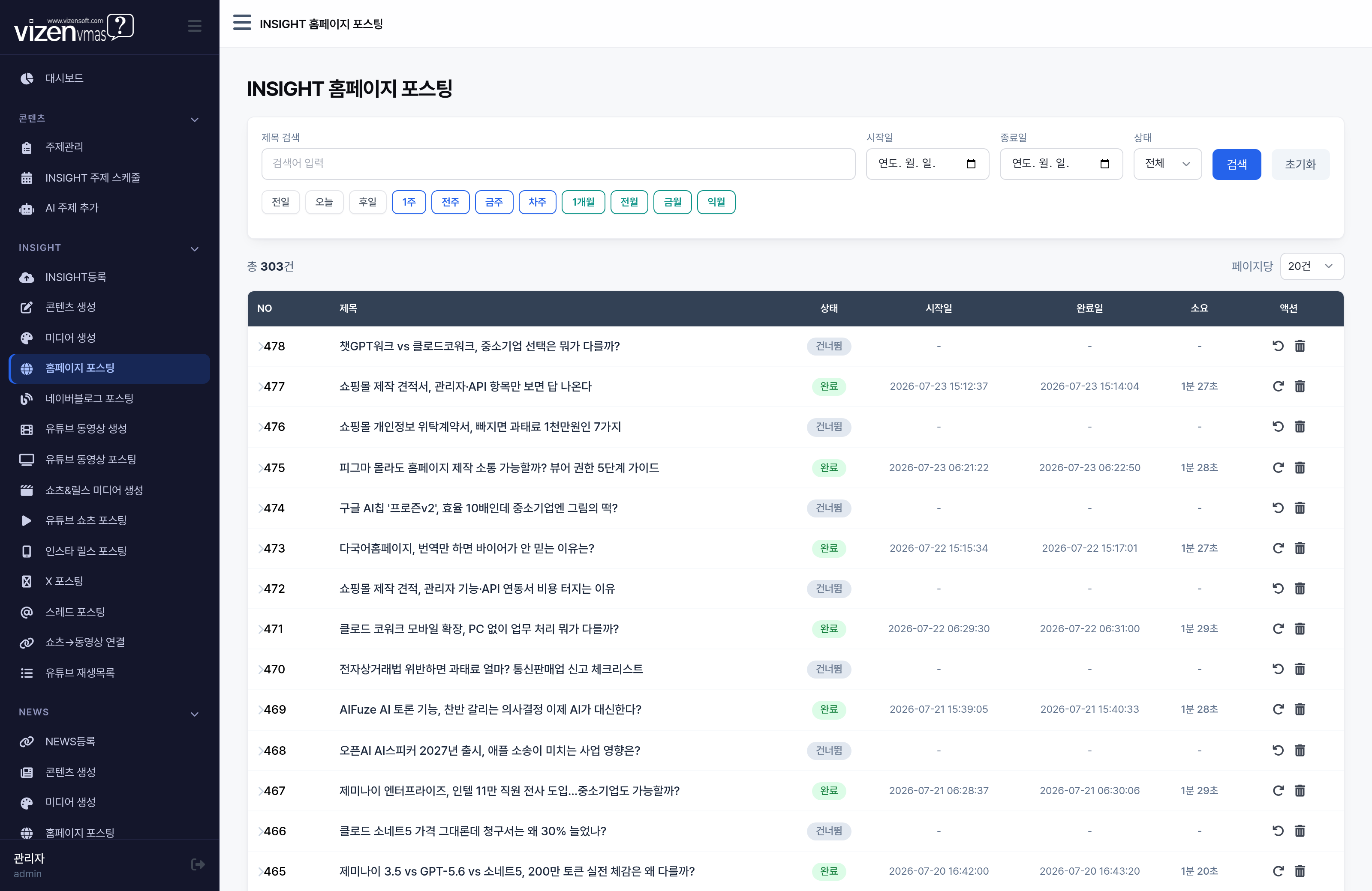 INSIGHT 홈페이지 포스팅 목록 자동 발행 기록
