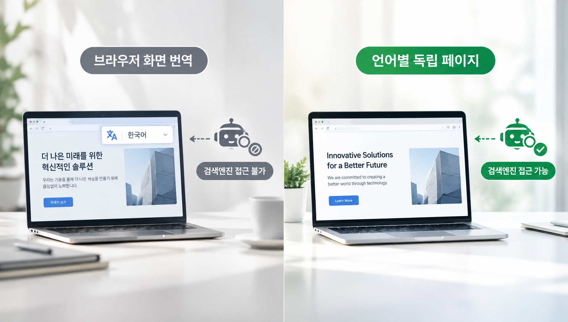 구글 자동 번역 위젯과 다국어 홈페이지 개념을 나타내는 일러스트레이션