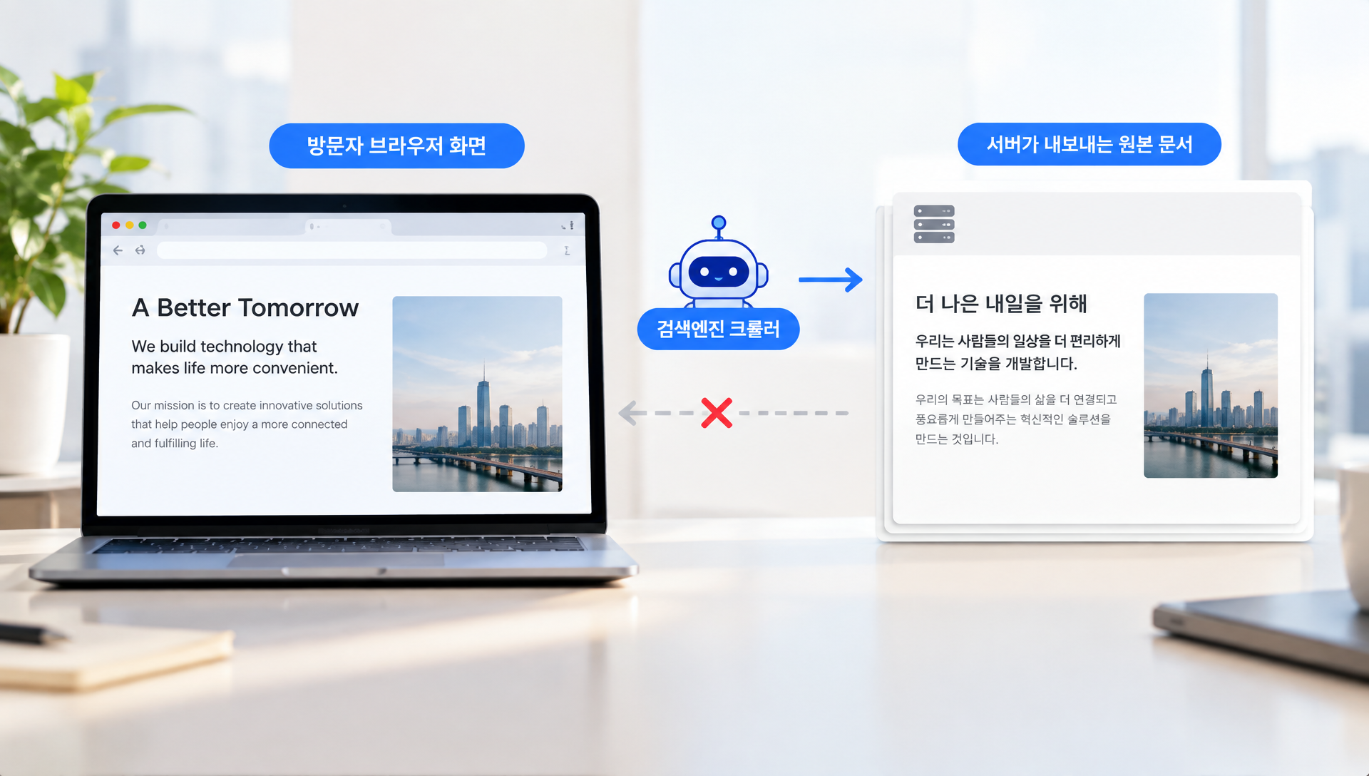 브라우저 화면 번역과 서버 문서의 차이를 시각화한 다이어그램