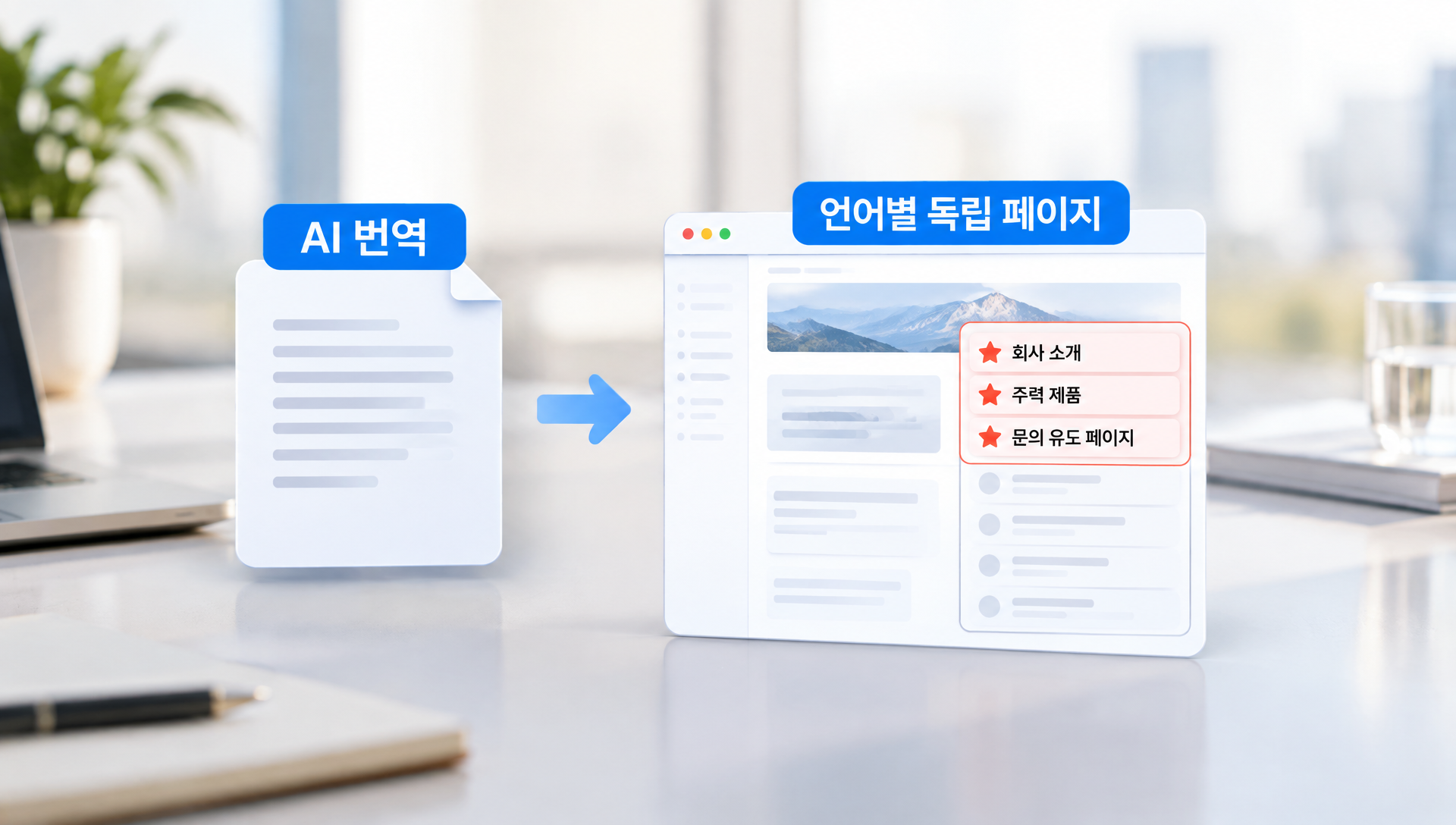 AI 번역과 독립 페이지 조합 전략의 장점을 보여주는 비교표