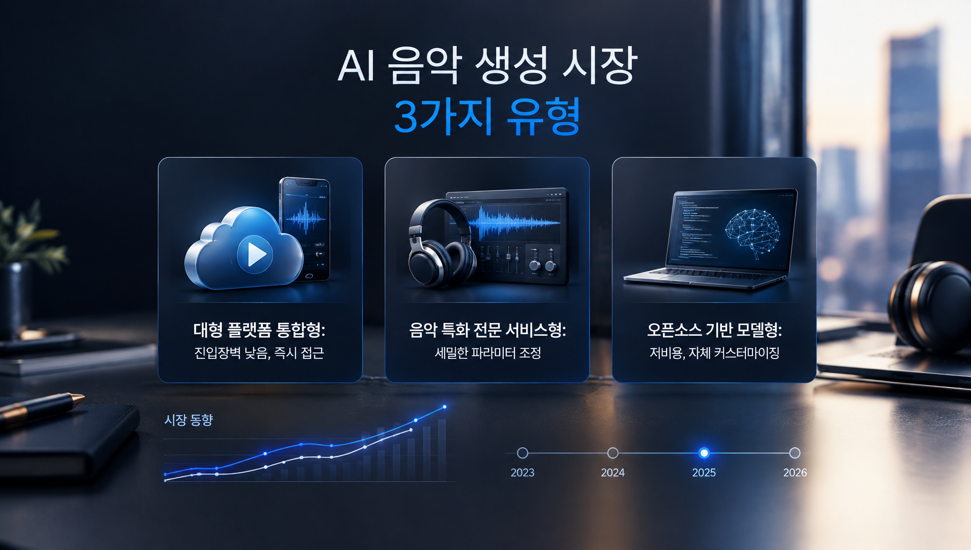 AI 음악 생성 시장의 주요 플레이어와 서비스 유형 비교