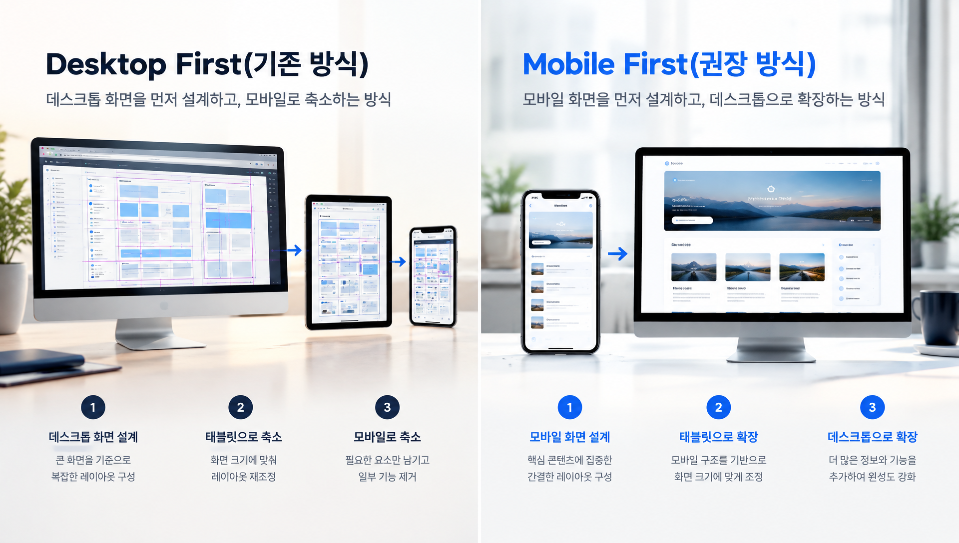 모바일 우선 설계와 반응형 웹디자인의 개념을 설명하는 다이어그램