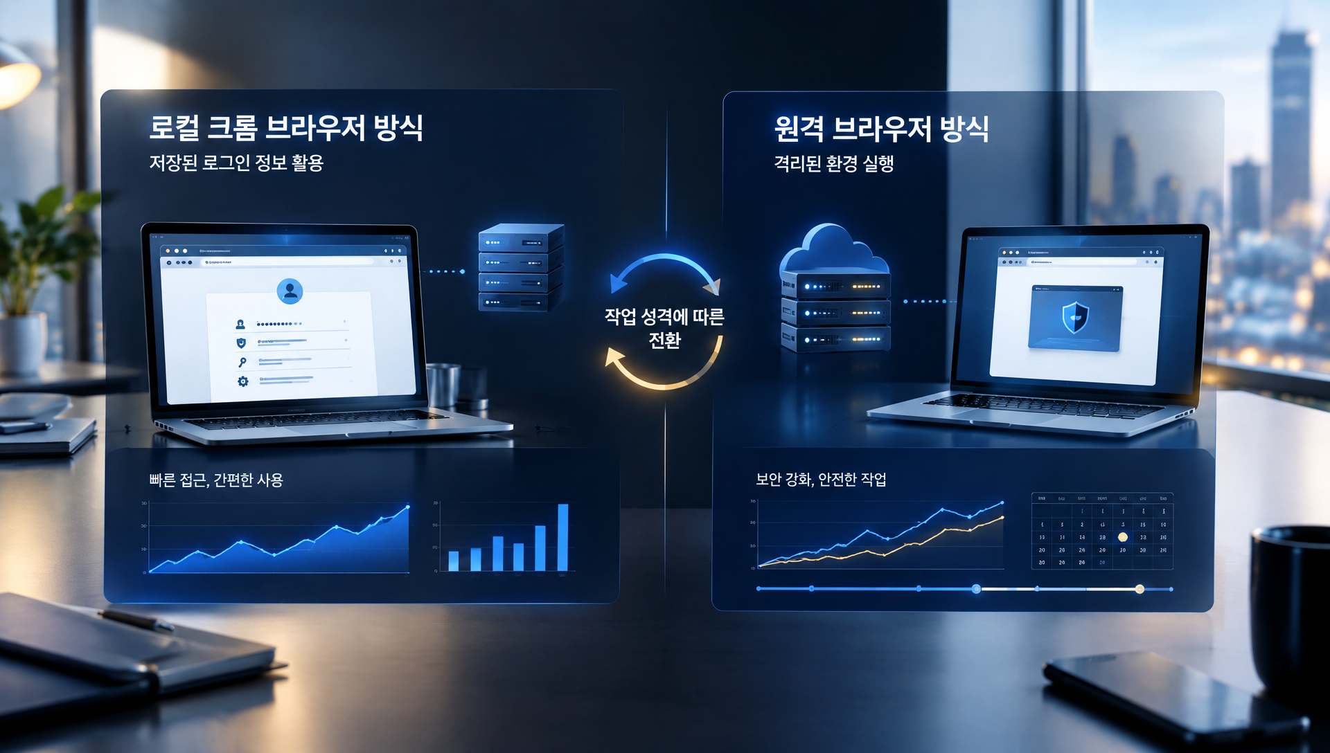 로컬 크롬과 원격 브라우저 방식의 기능 비교 및 선택 기준 표