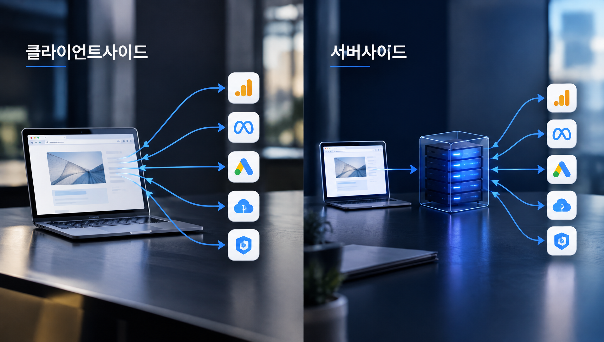 클라이언트사이드와 서버사이드 태깅의 데이터 흐름 비교 다이어그램