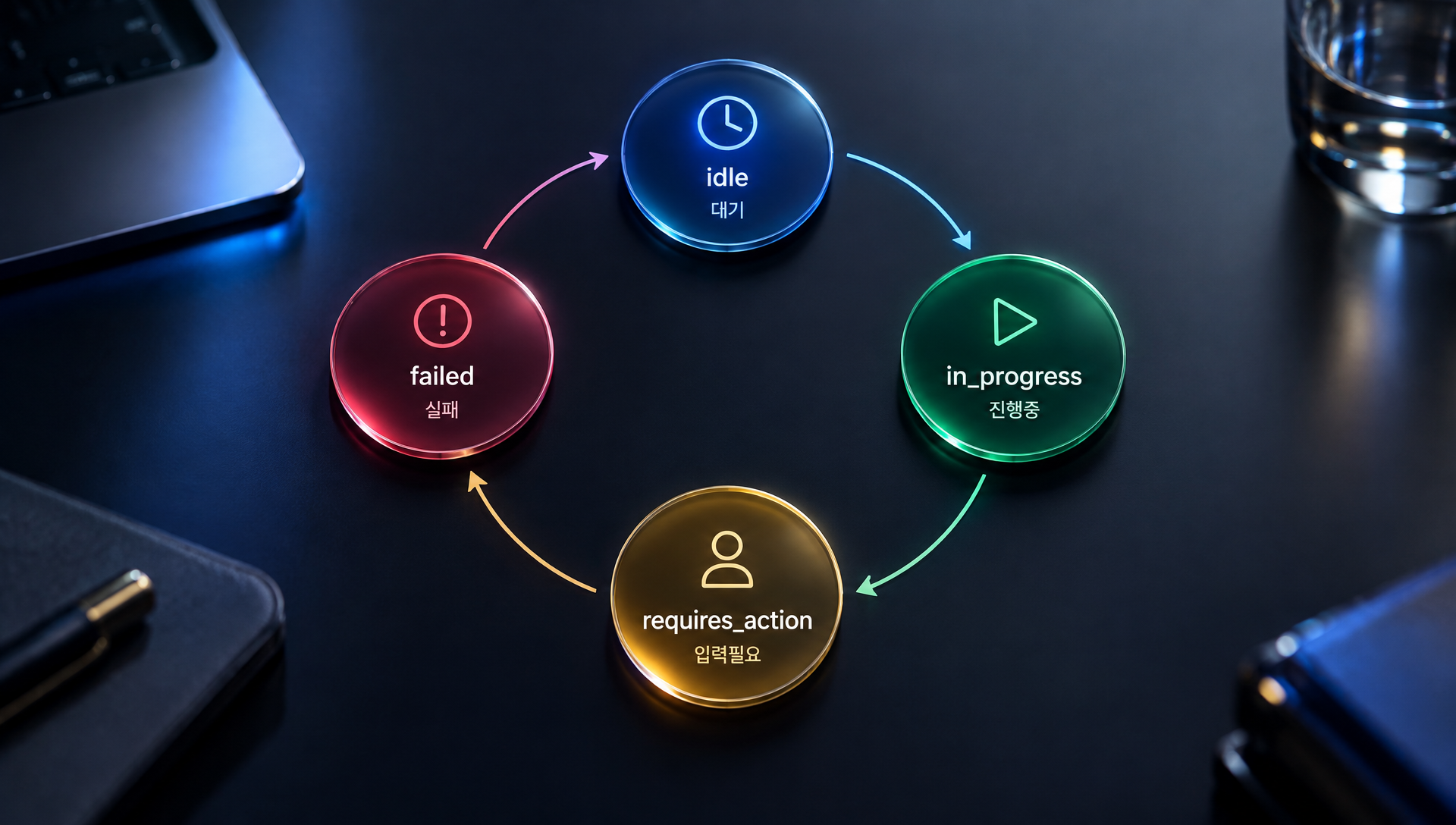 Agents API 세션의 4가지 상태(idle·in_progress·requires_action·failed)를 원형 노드로 표시한 상태 전환 다이어그램