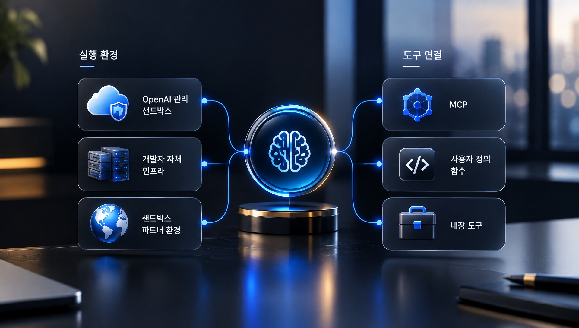 실행 환경 3가지(OpenAI 관리 샌드박스·개발자 인프라·파트너 환경)와 도구 연결 3가지(MCP·사용자 정의 함수·내장 도구)를 좌우로 배치한 구조도