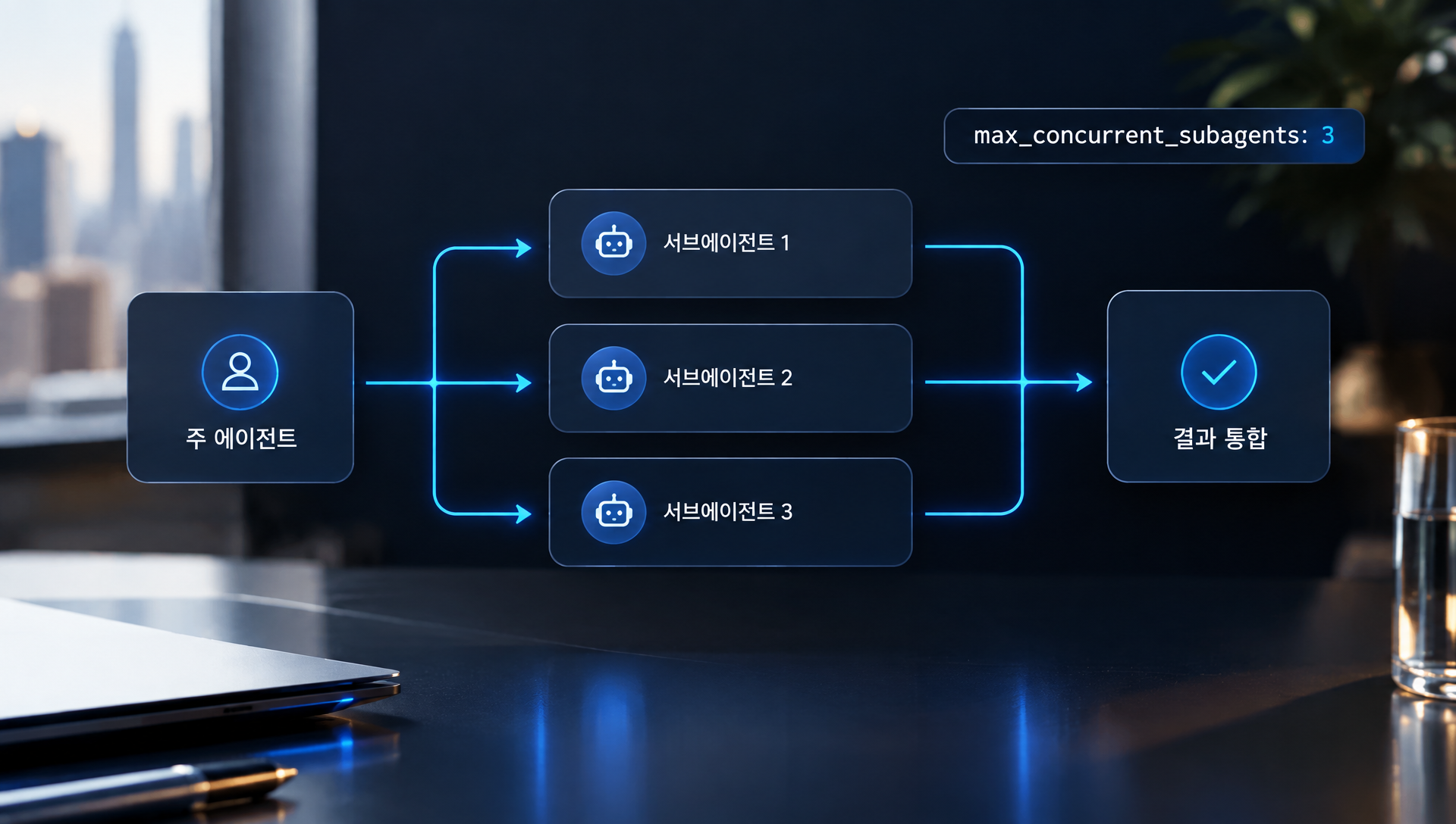 주 에이전트에서 3개의 서브에이전트로 병렬 분기해 각각 작업 후 결과를 통합하는 트리 구조 다이어그램
