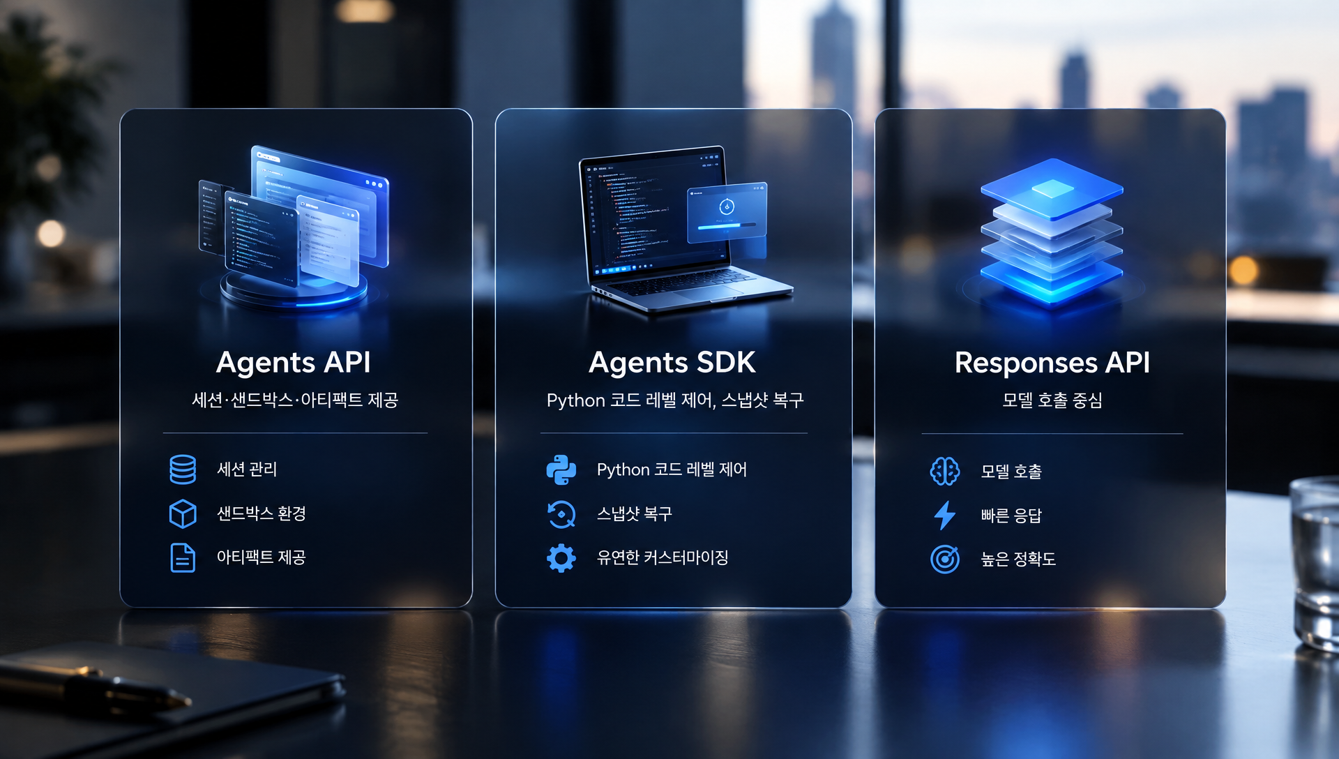 Agents API(세션·샌드박스·아티팩트)·Agents SDK(Python 코드 제어·스냅샷 복구)·Responses API(모델 호출)를 3열 카드로 비교한 다이어그램