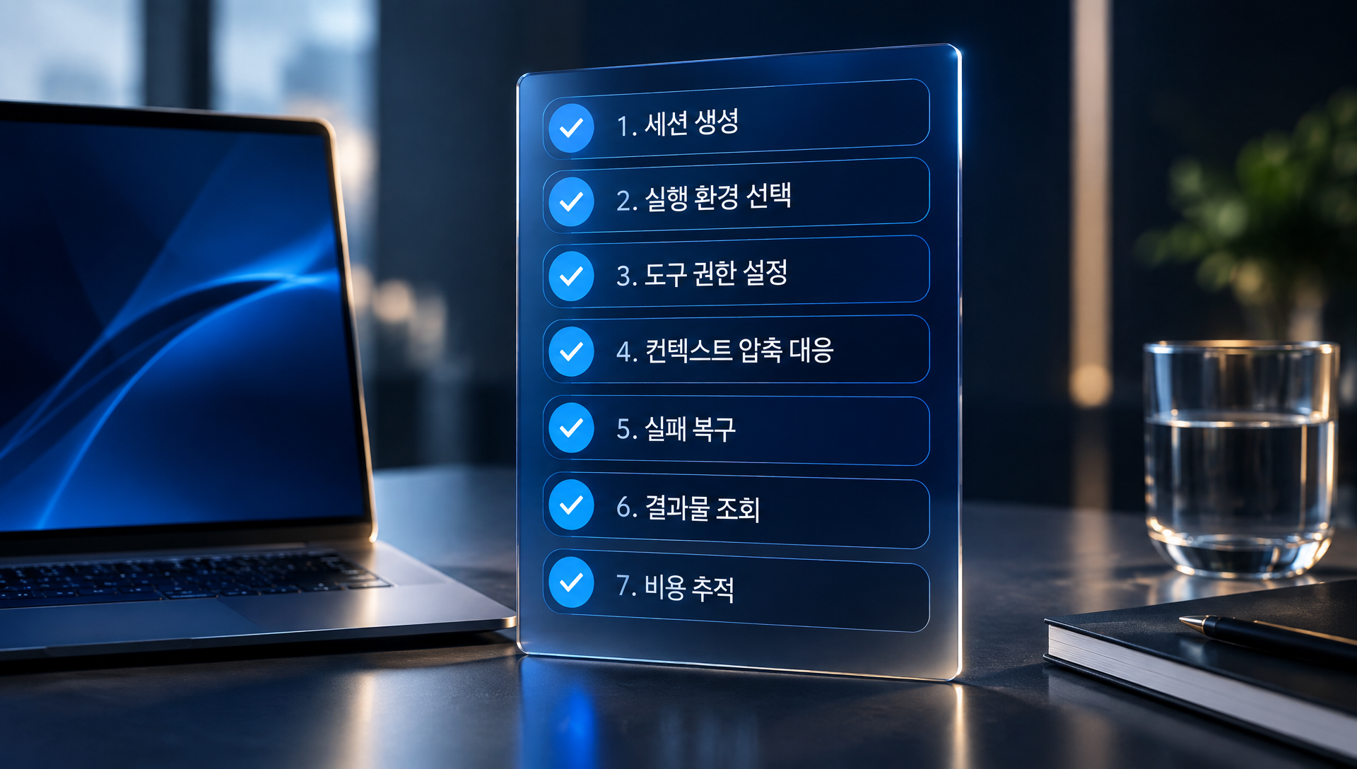 7단계 초기 자동화 설계 순서(세션 생성·환경 선택·도구 권한·압축 대응·실패 복구·결과 조회·비용 추적)의 체크리스트 다이어그램