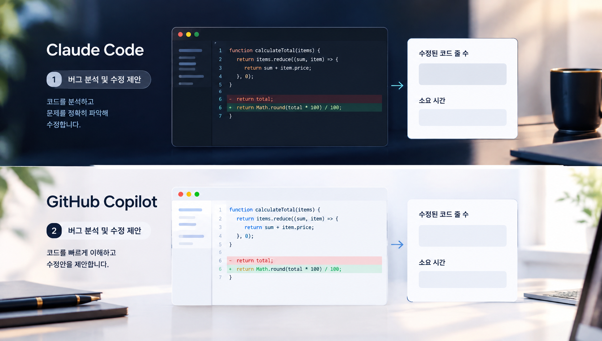 Claude Code와 GitHub Copilot 환경 간 오류 수정 결과 비교 표