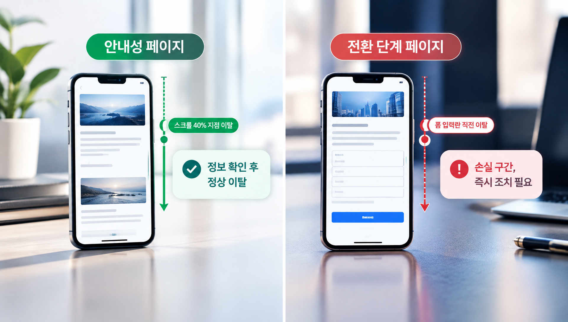 안내성 페이지와 전환 단계 페이지의 이탈률 해석 기준 비교 표