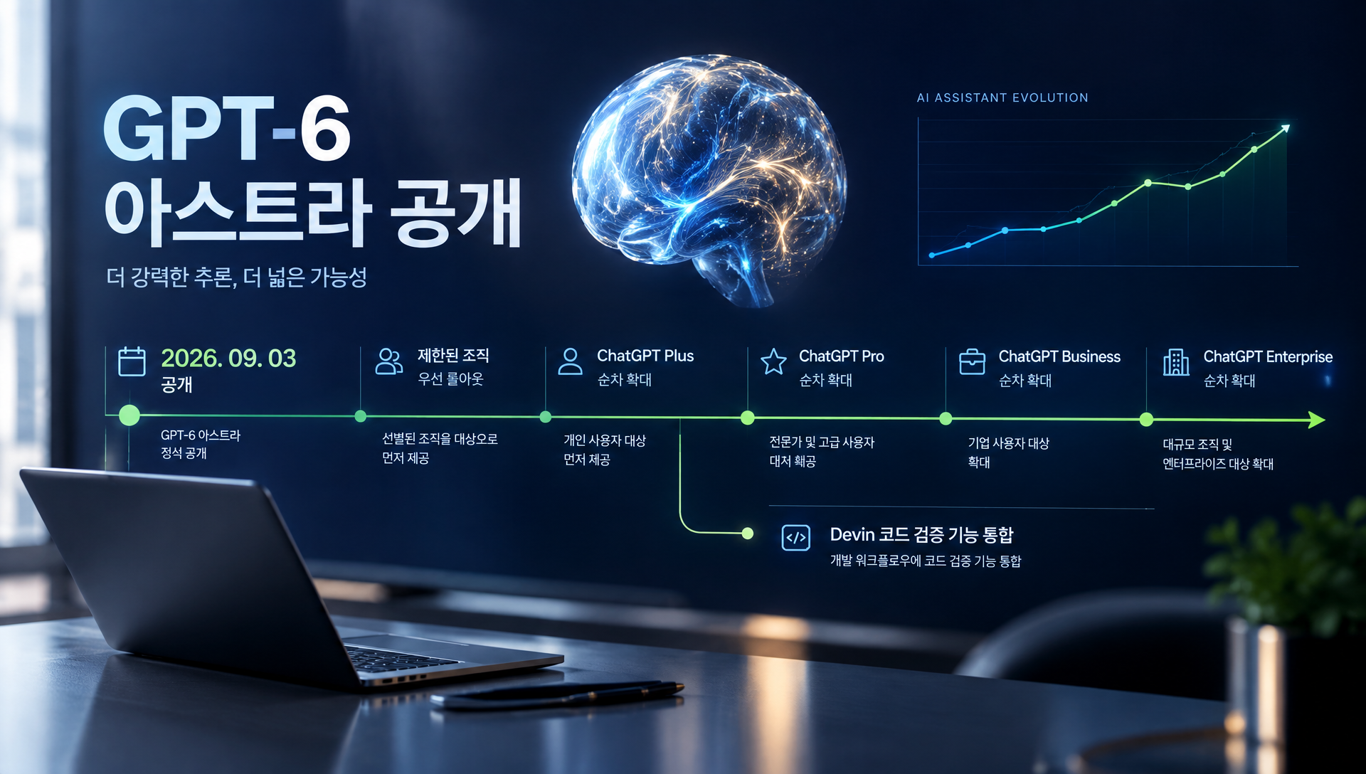 GPT-6 아스트라와 Devin 통합으로 AI 코드 검증 능력 향상을 보여주는 개념도