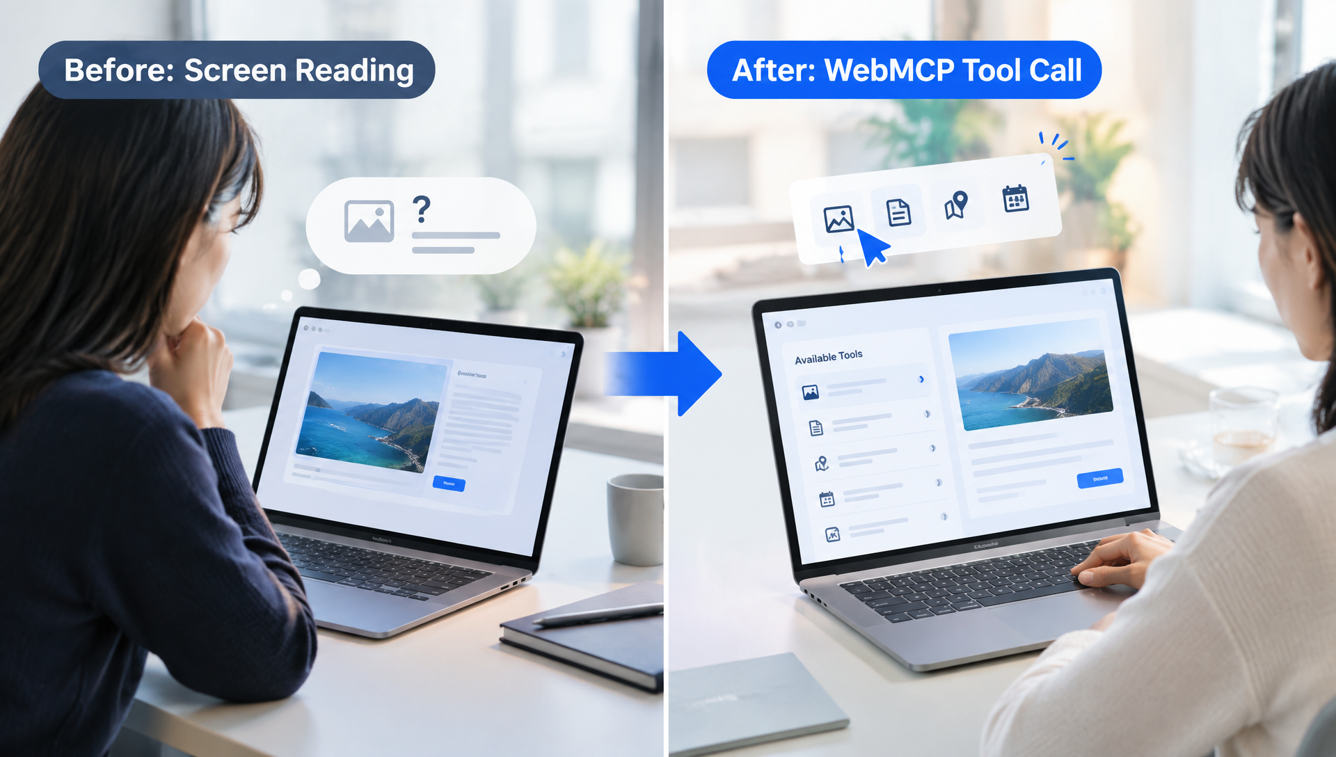 WebMCP 웹 표준의 개념과 AI 에이전트 홈페이지 조작 아키텍처 다이어그램