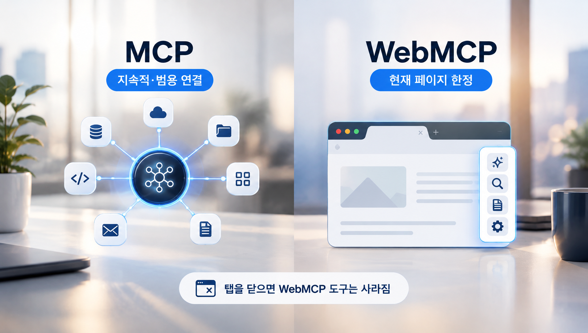 MCP와 WebMCP의 역할 차이 비교 다이어그램