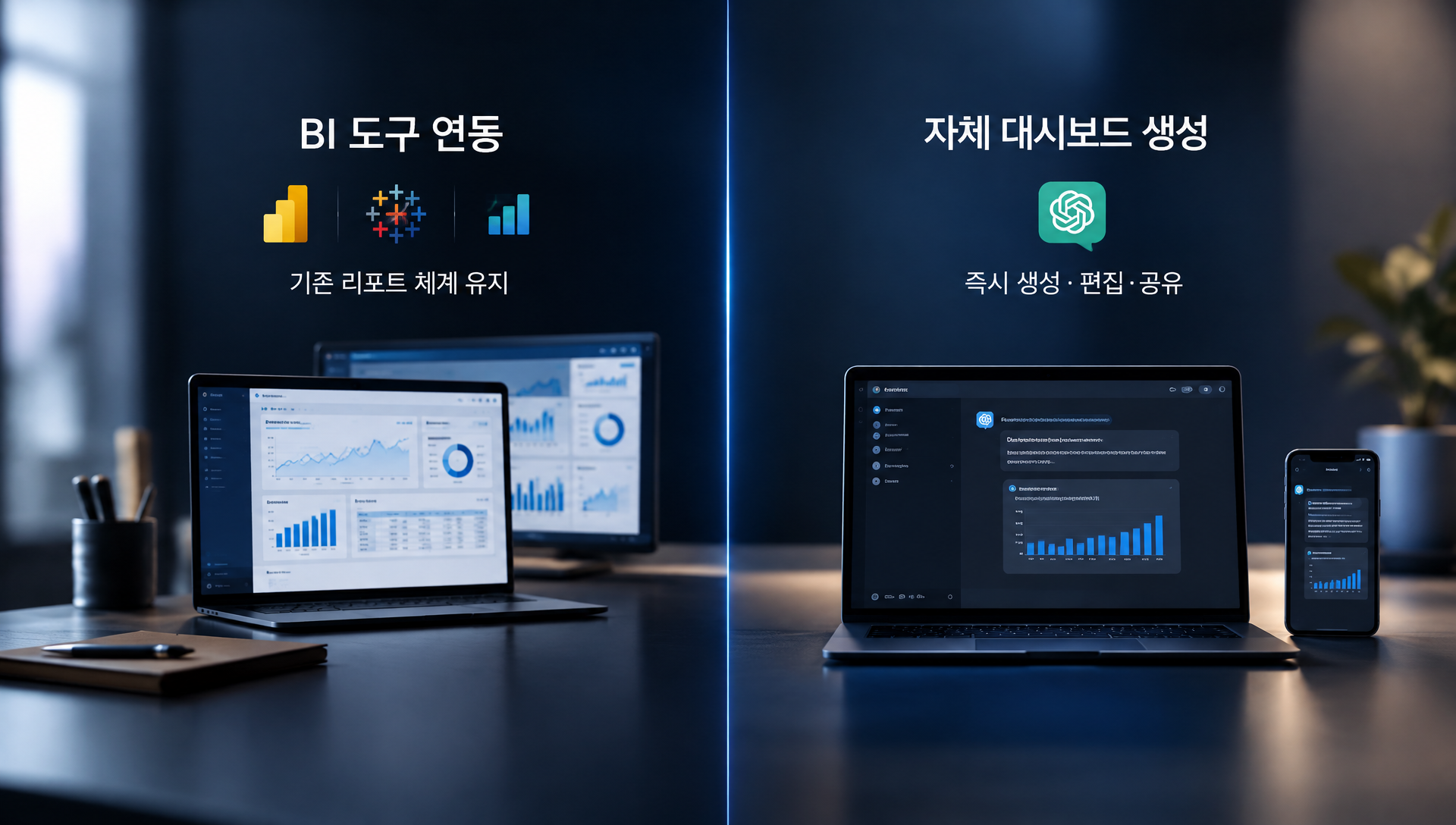 기존 BI 도구 연동과 자체 대시보드 생성 방식의 특징 비교 표