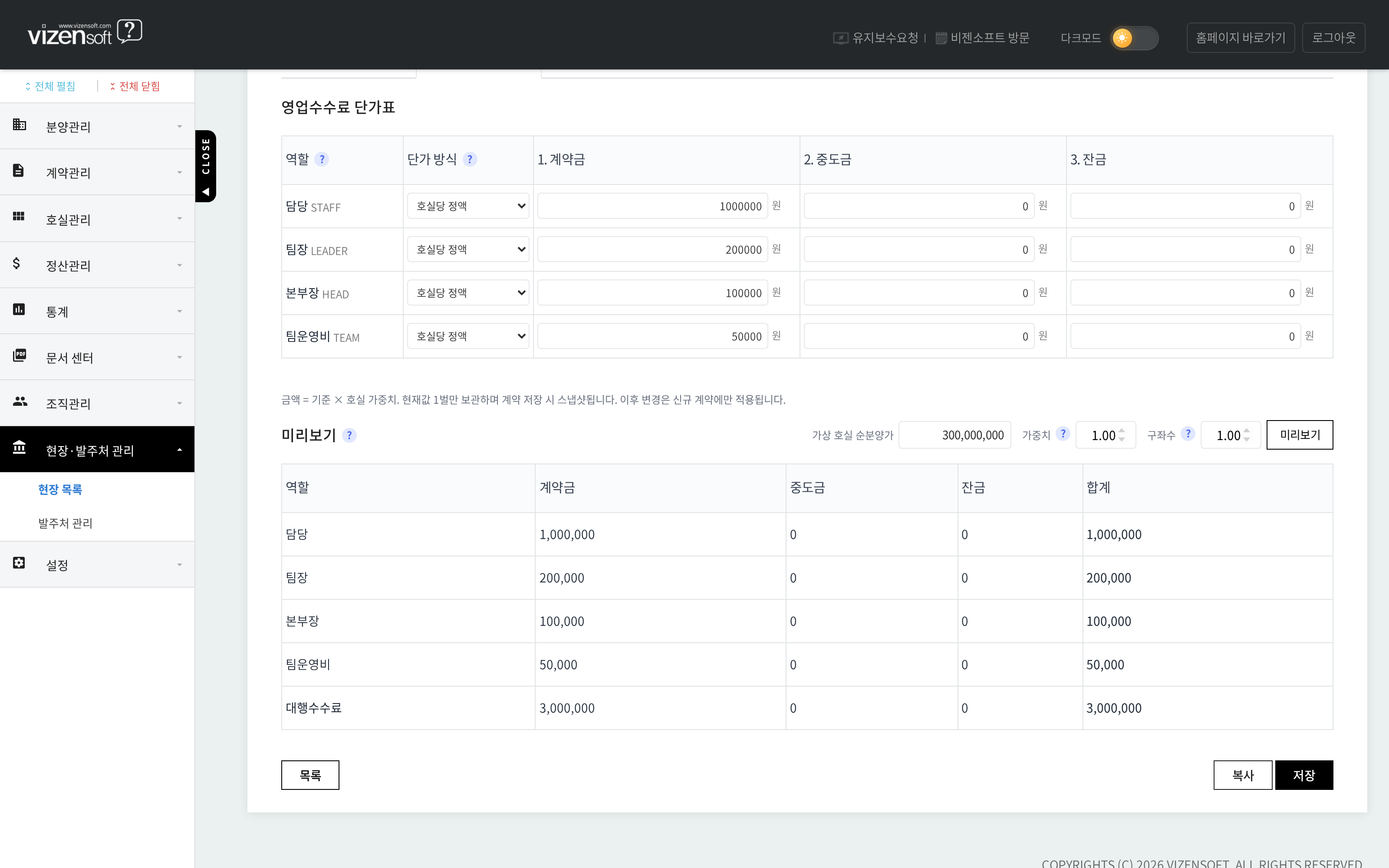 담당자·팀장·본부장 역할별 영업수수료 단가를 설정하는 단가표
