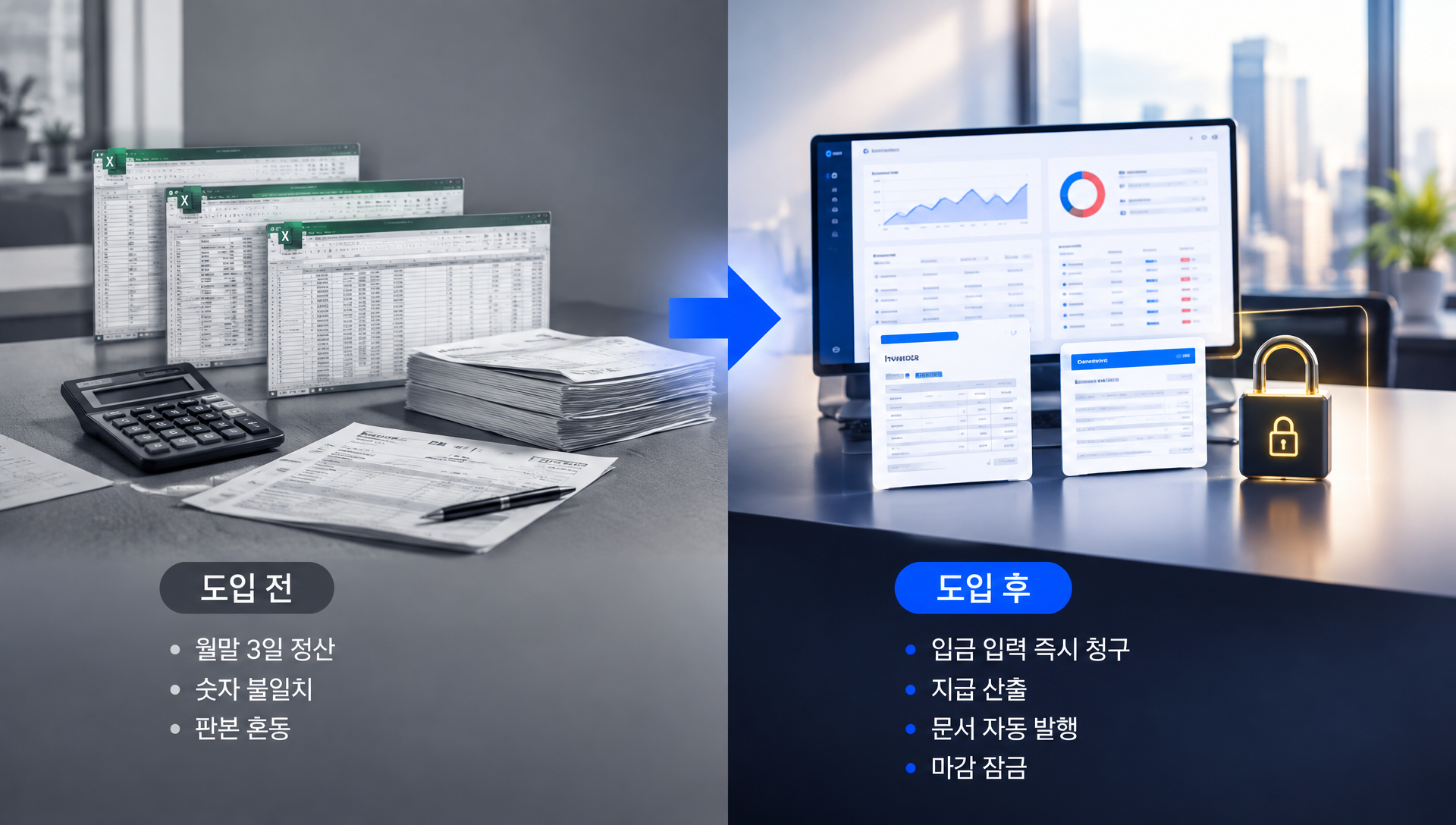 분양관리 솔루션 도입 전후의 업무 변화를 비교하는 표