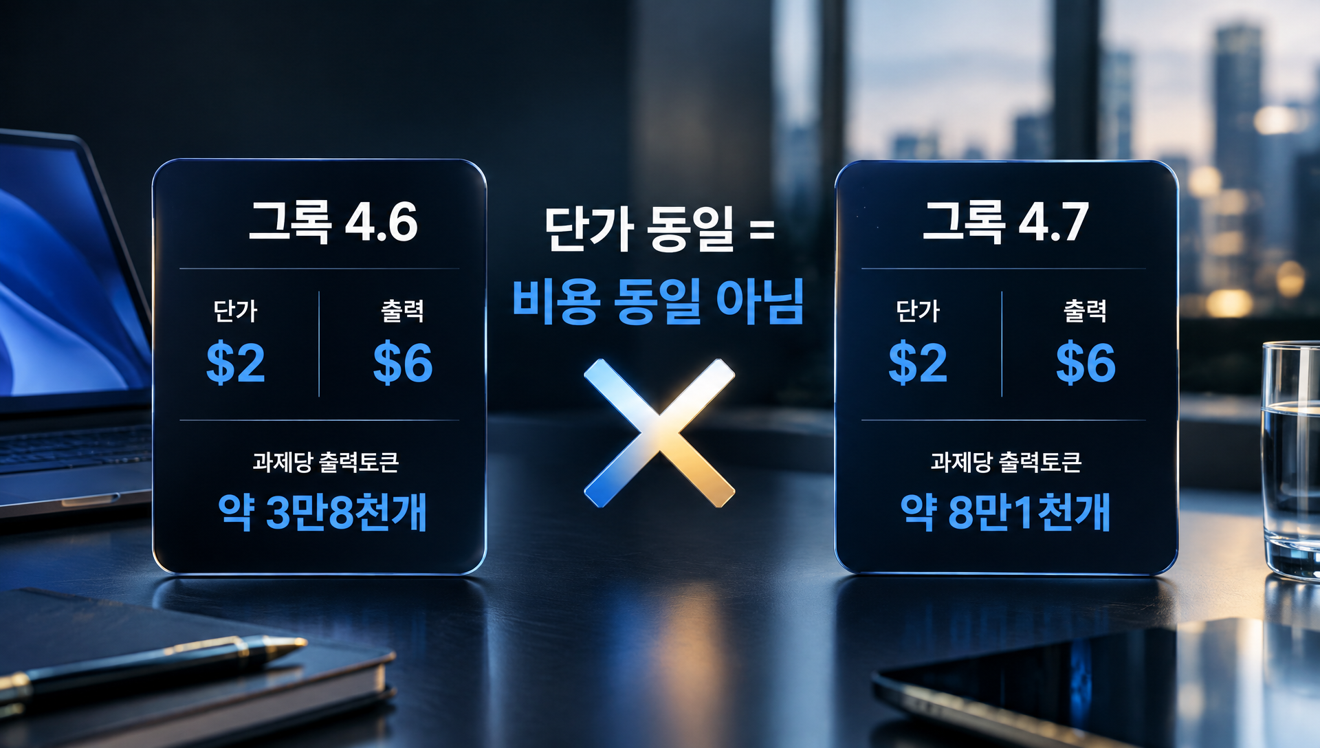 그록 4.6과 그록 4.7 단가 및 과제당 토큰 사용량 비교표