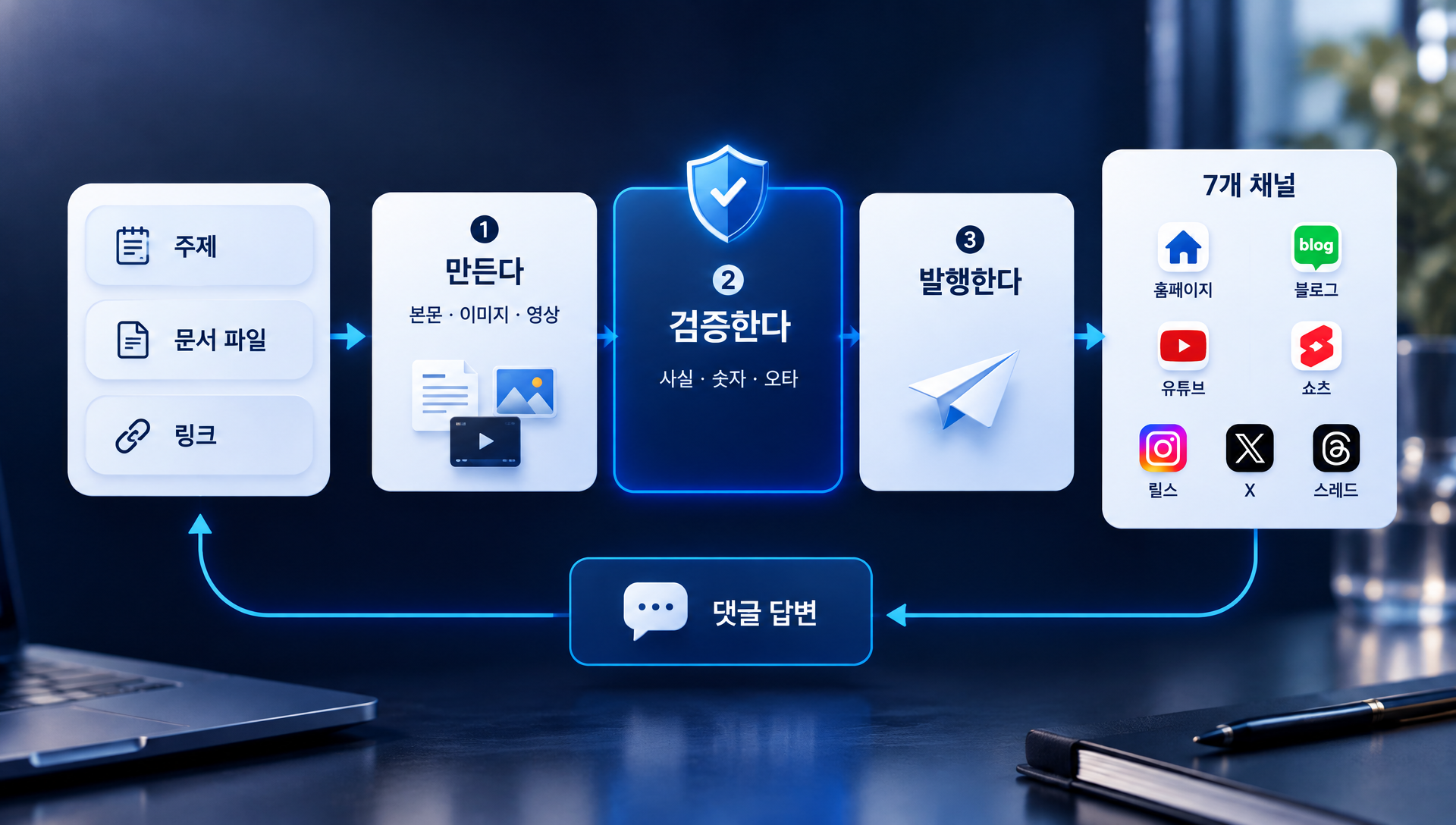 VMAS 대시보드 인터페이스 - 콘텐츠 생성 현황과 채널별 발행 통계