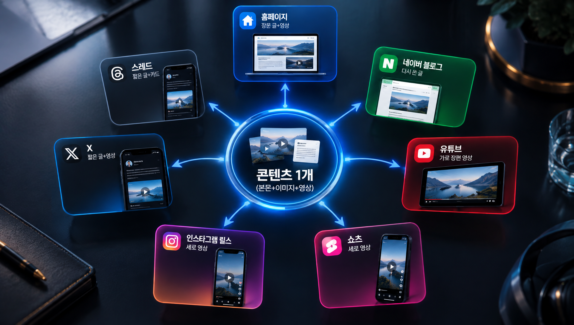 7개 채널 멀티 발행 흐름 - 홈페이지, 블로그, 유튜브, 쇼츠, 릴스, X, 스레드