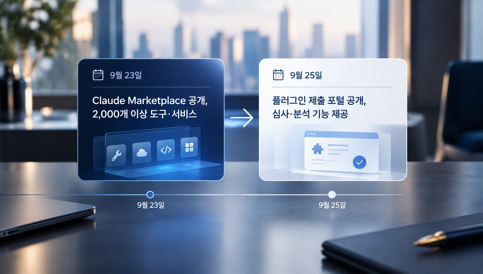 Claude 플러그인 제출 포털의 인터페이스와 2026년 9월 발표 타임라인을 나타내는 다이어그램