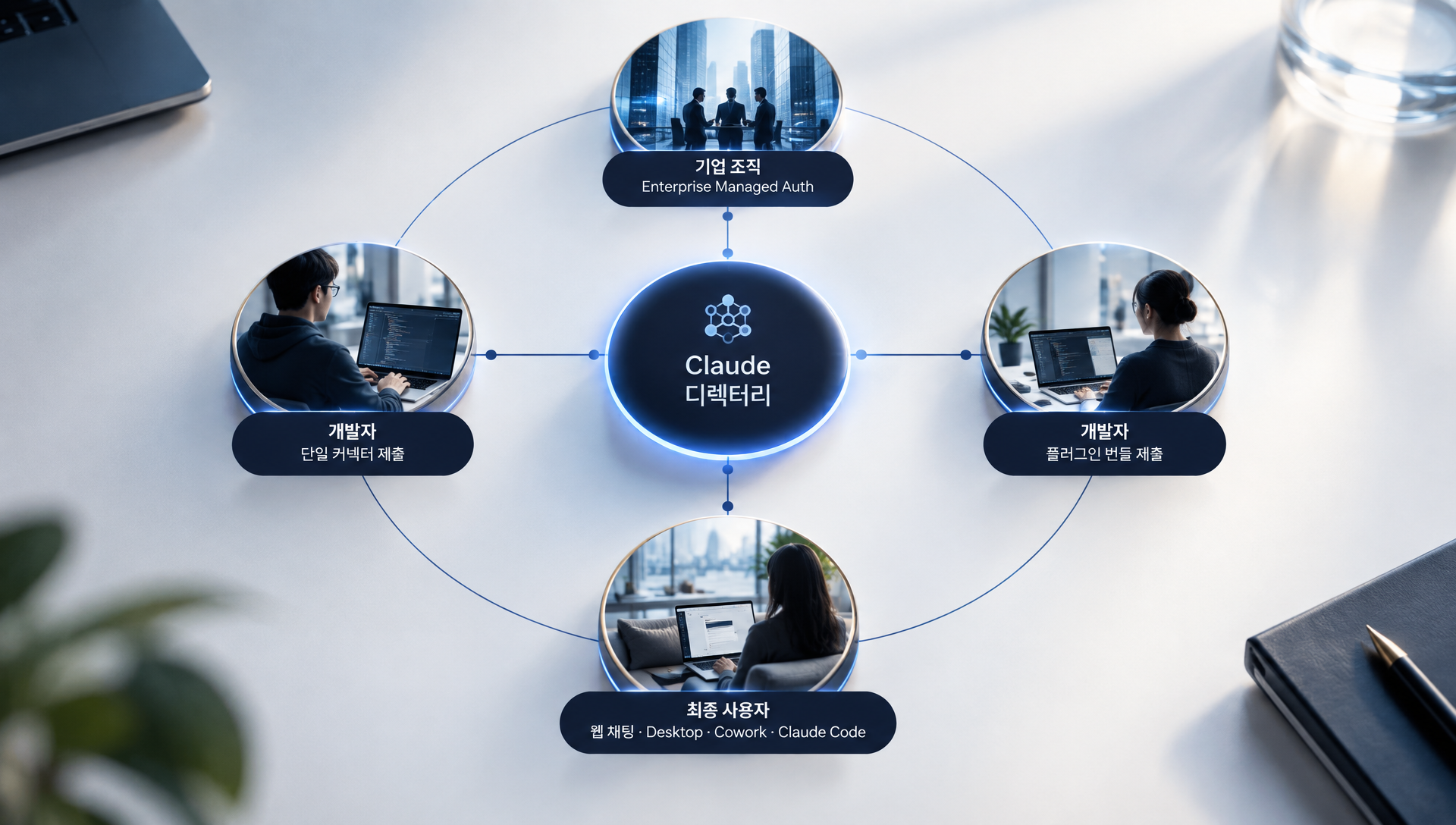 개발자, 기업, 최종 사용자의 참여 방식과 실행 환경별 플러그인 지원 범위 비교표