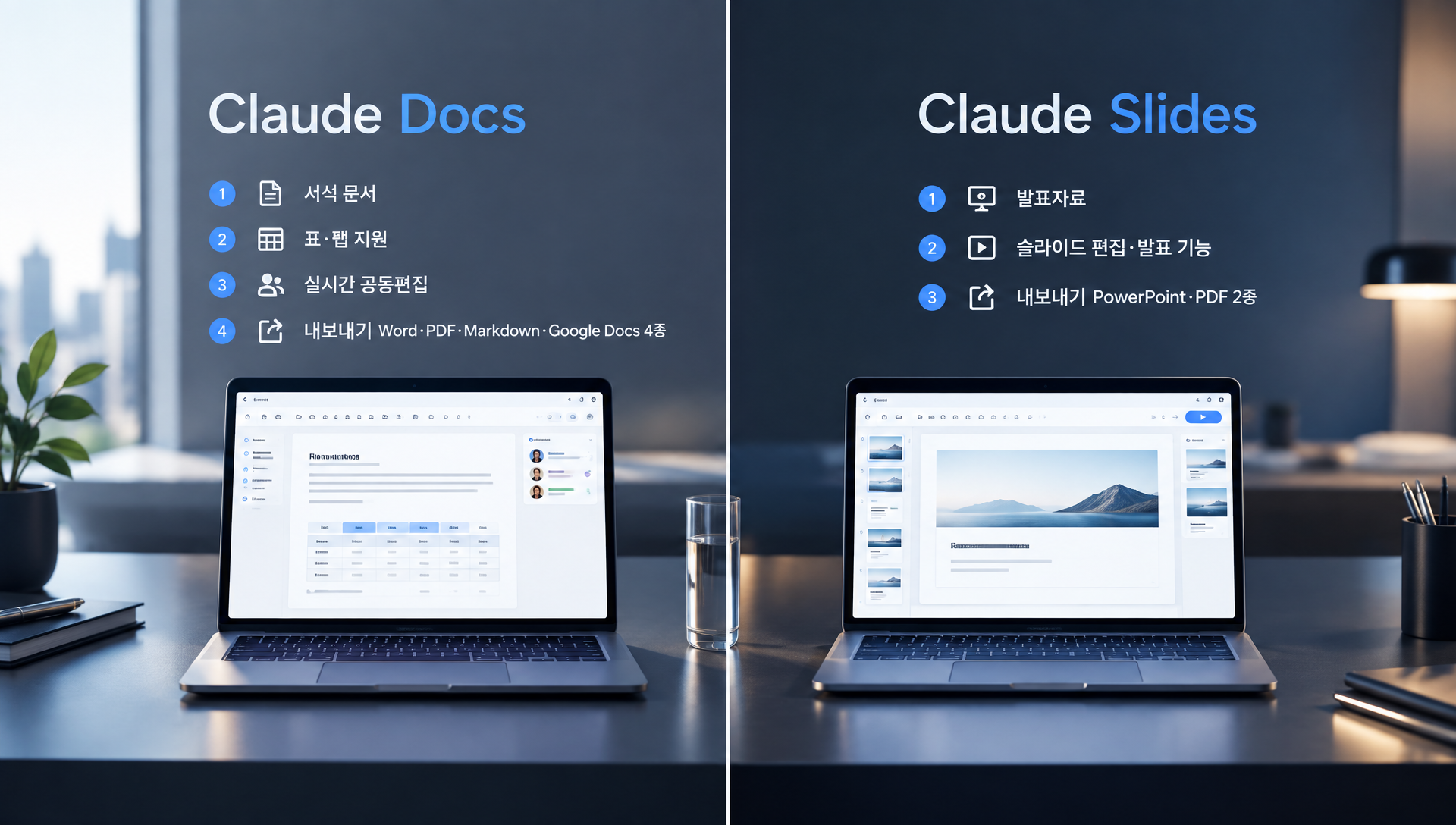 Claude Slides 발표자료 생성 및 편집 화면으로 슬라이드 레이아웃과 콘텐츠 구성 표시