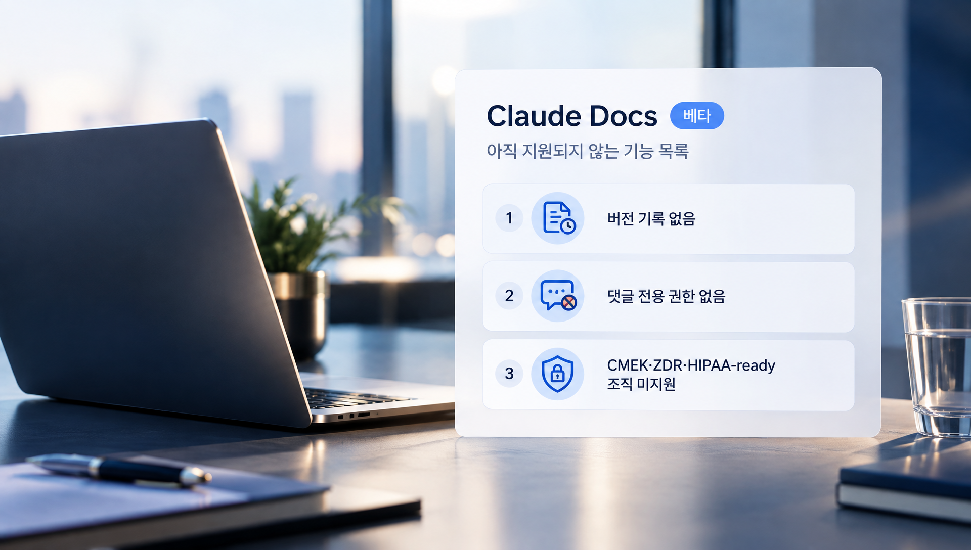 Claude Docs 베타 기능의 제약사항으로 버전 기록 부재 및 세밀한 권한 설정 미지원 안내